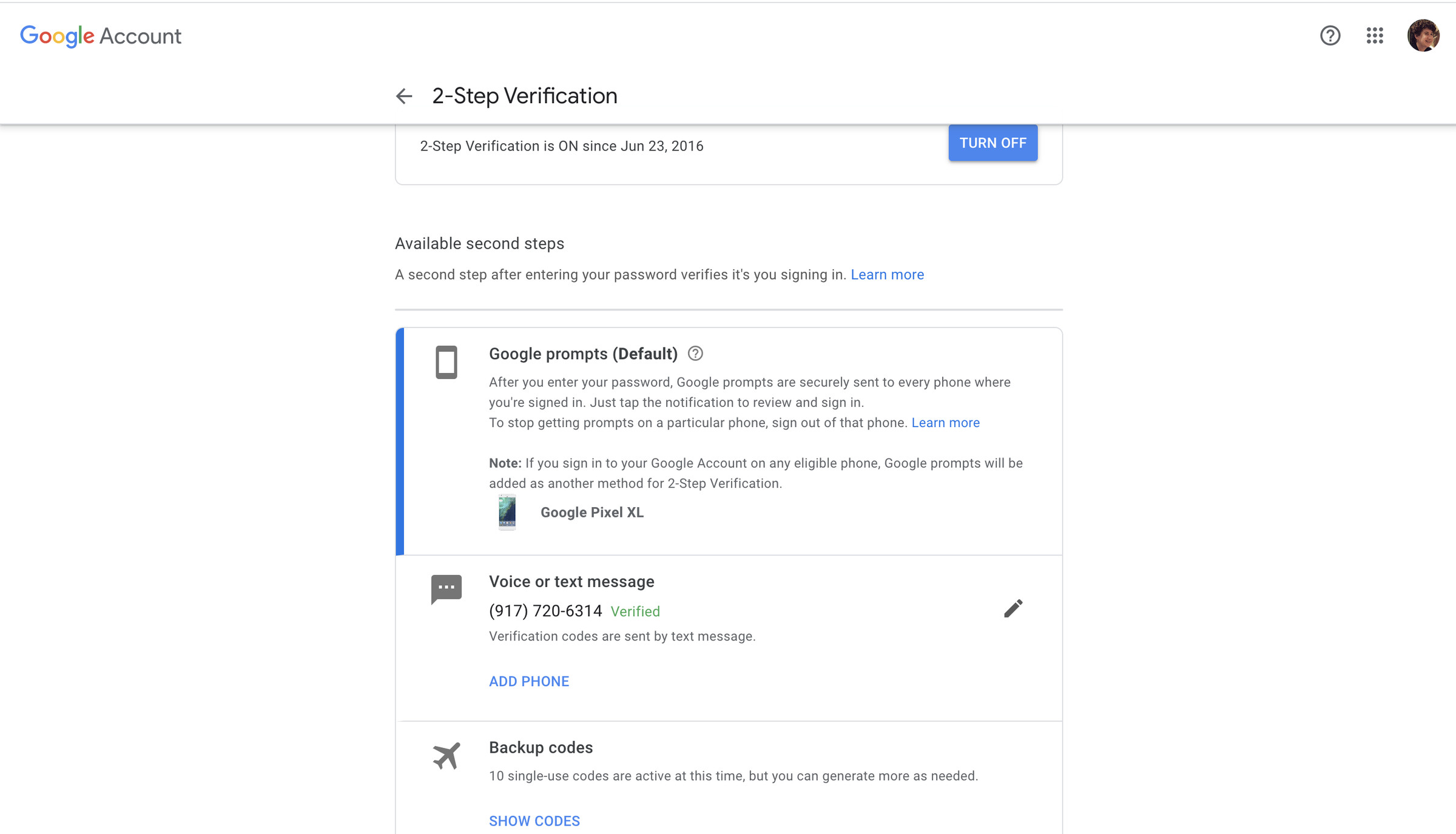 Click on “Show Codes” to get your ten backup codes for your Google account. 