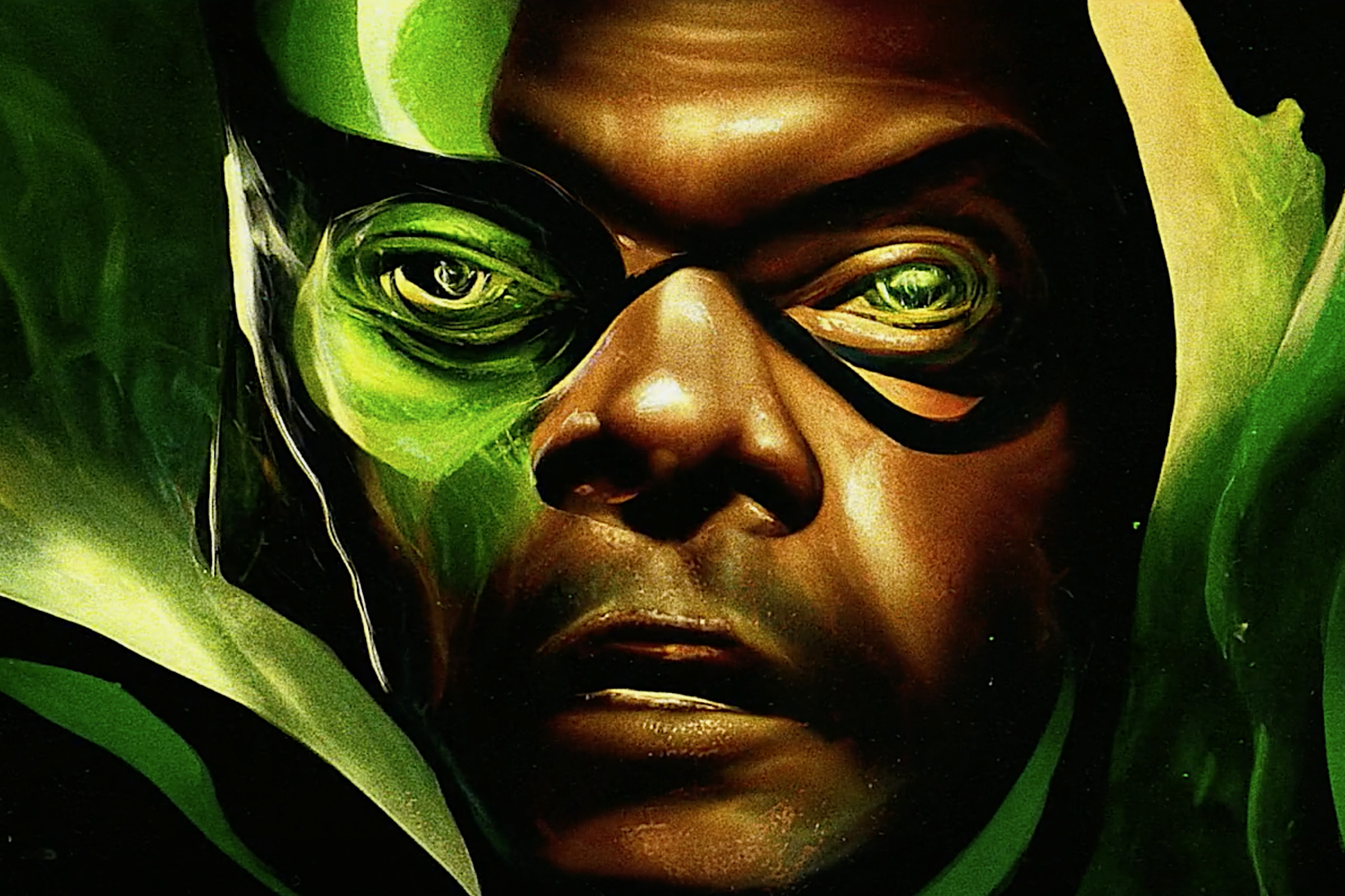 A tight shot of a man’s face, which seems to be morphing into a green, reptilian version of itself. The man’s face is flanked by glowing green streaks, and the entire image is digitally-generated and made to look like an oil painting.