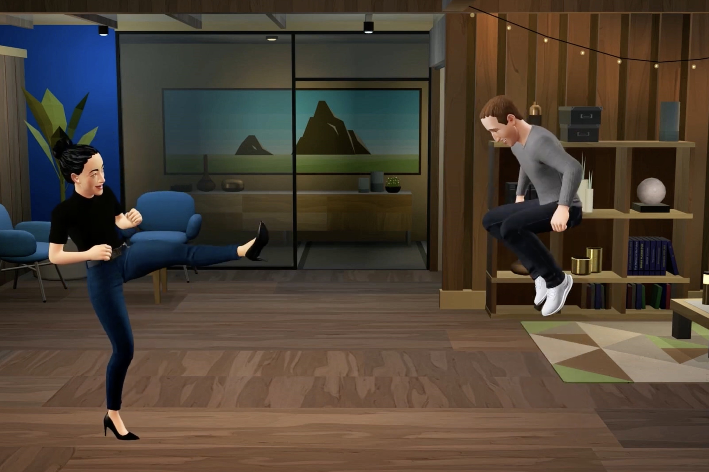 Screenshot of Mark Zuckerberg’s digital avatar jumping, while Aigerim Shorman’s avatar kicks.