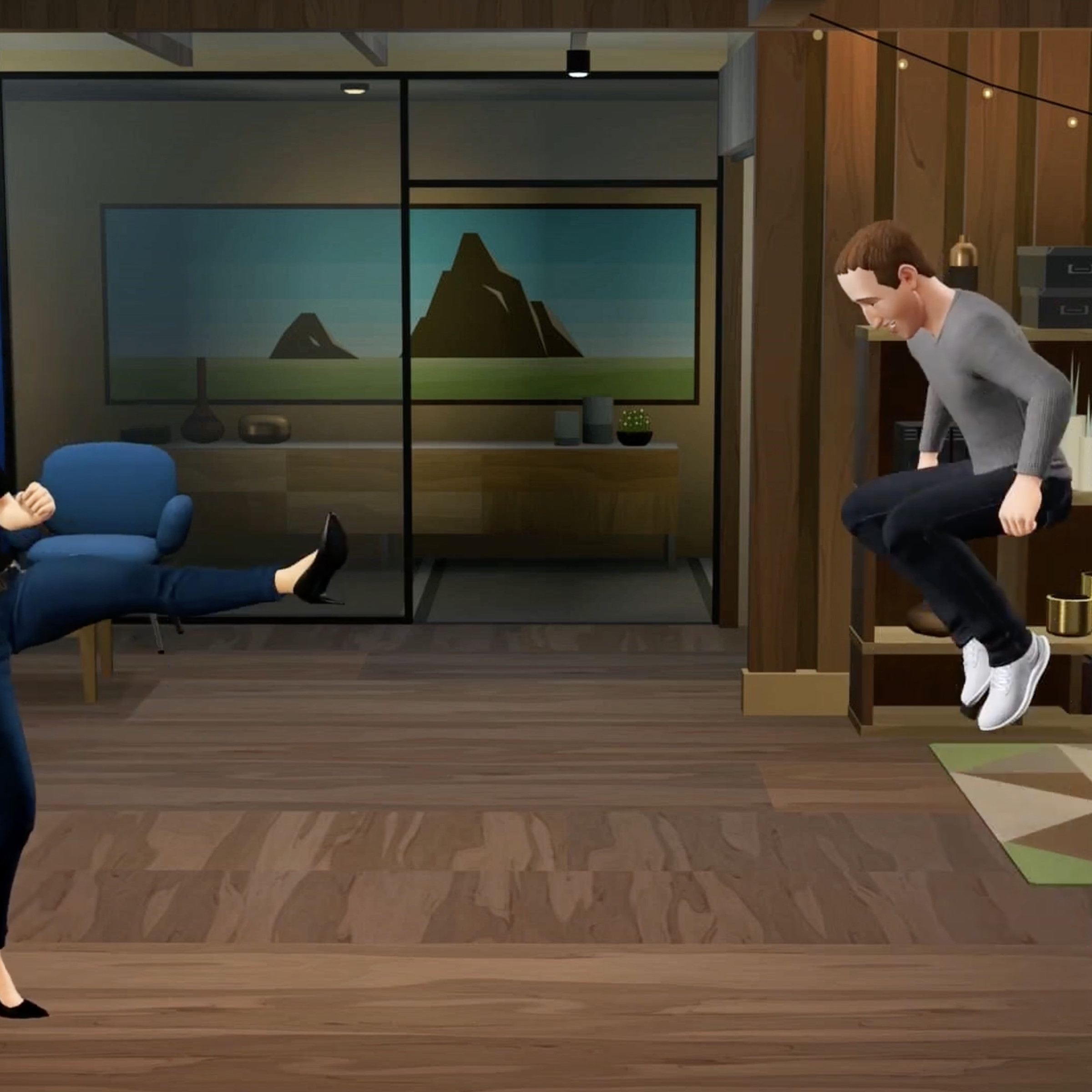 Screenshot of Mark Zuckerberg’s digital avatar jumping, while Aigerim Shorman’s avatar kicks.