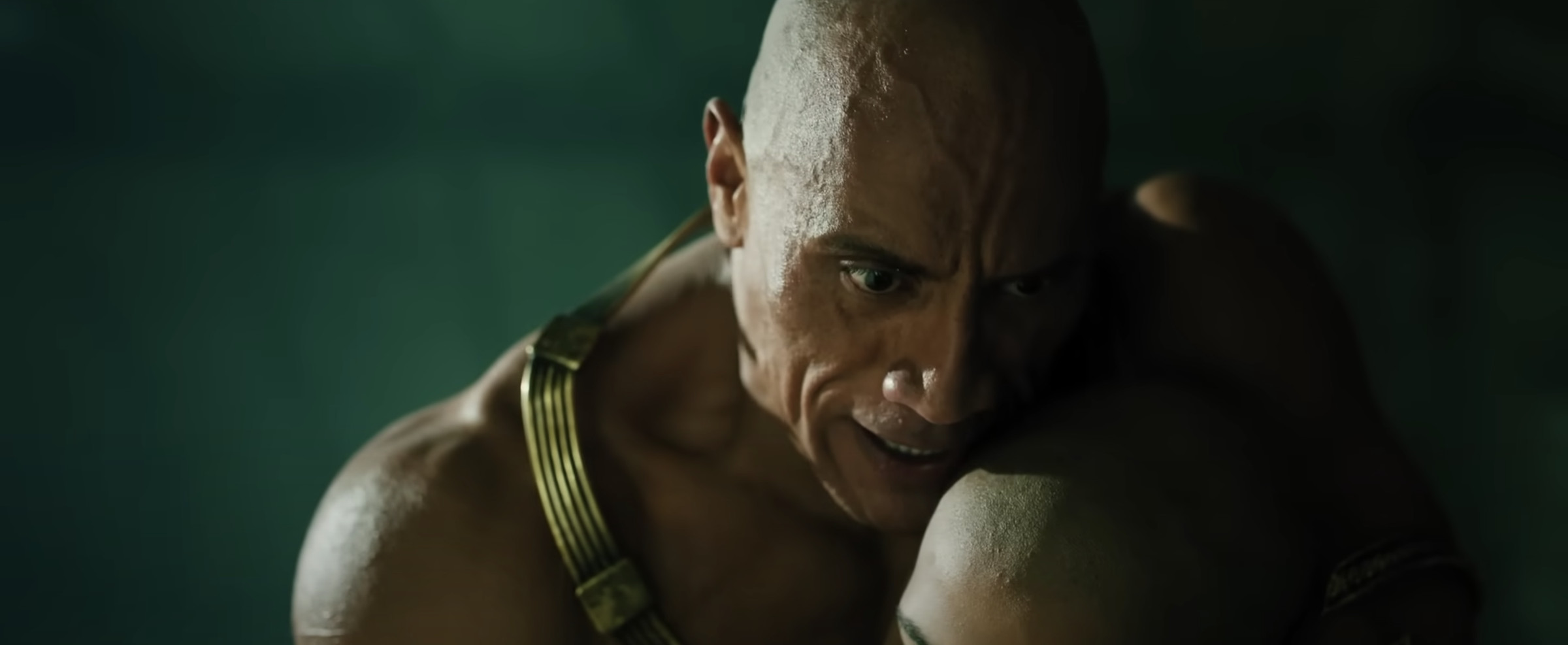 A muscular bald man wearing a humongous golden necklace and embracing his son, who is also bald and dying.
