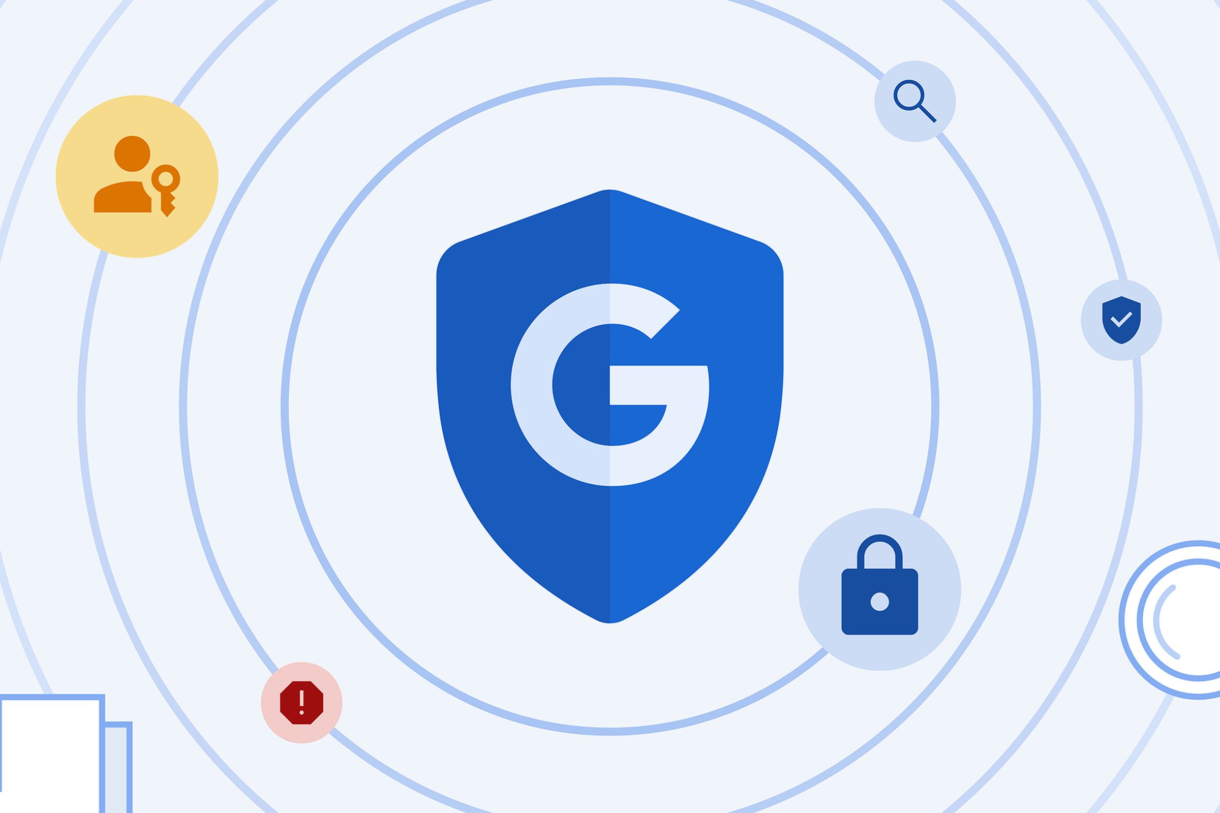 The Google logo in a shield, surrounded by security-themed illustrations.