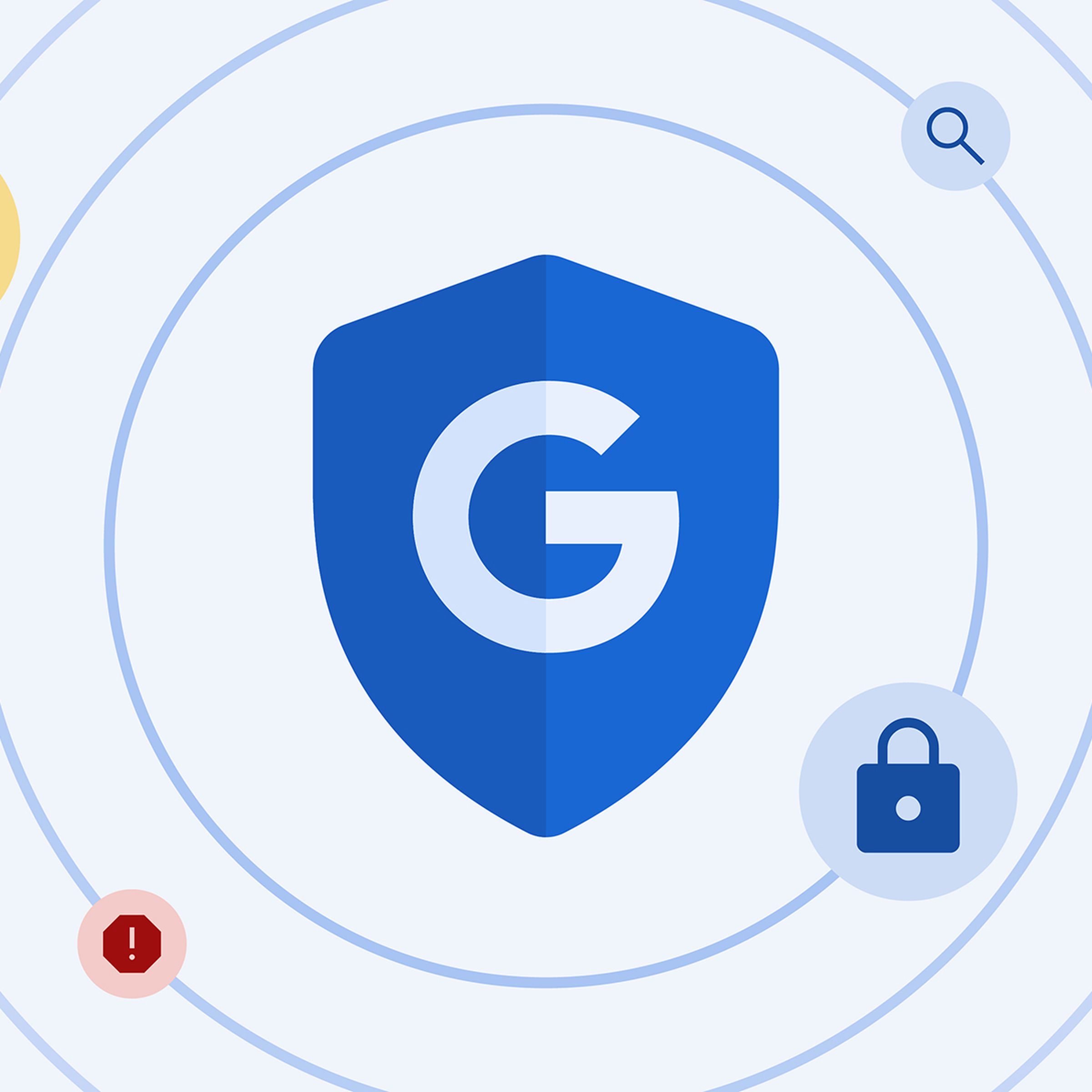 The Google logo in a shield, surrounded by security-themed illustrations.
