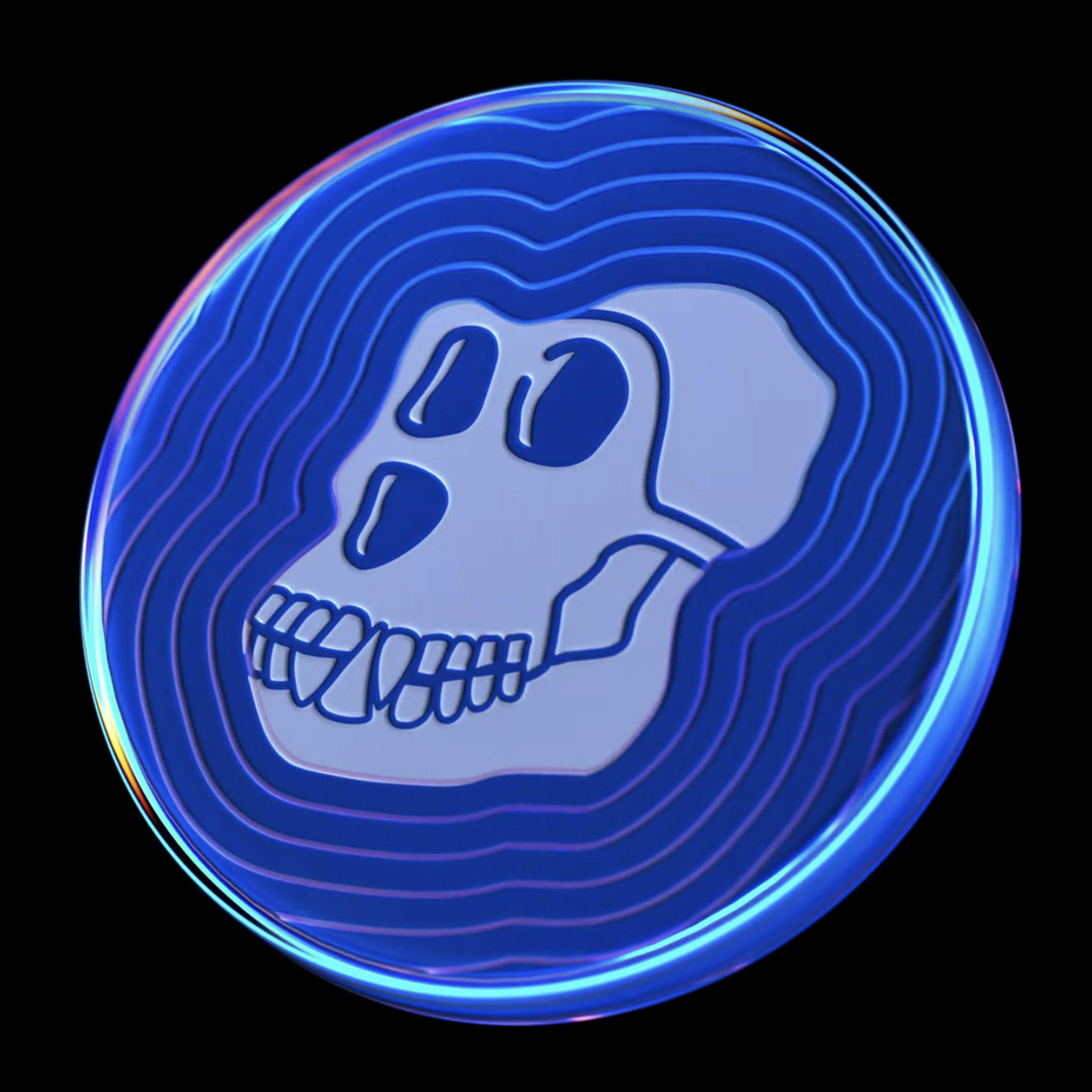 A blue coin with the Bored Ape Yacht Club logo in the middle.