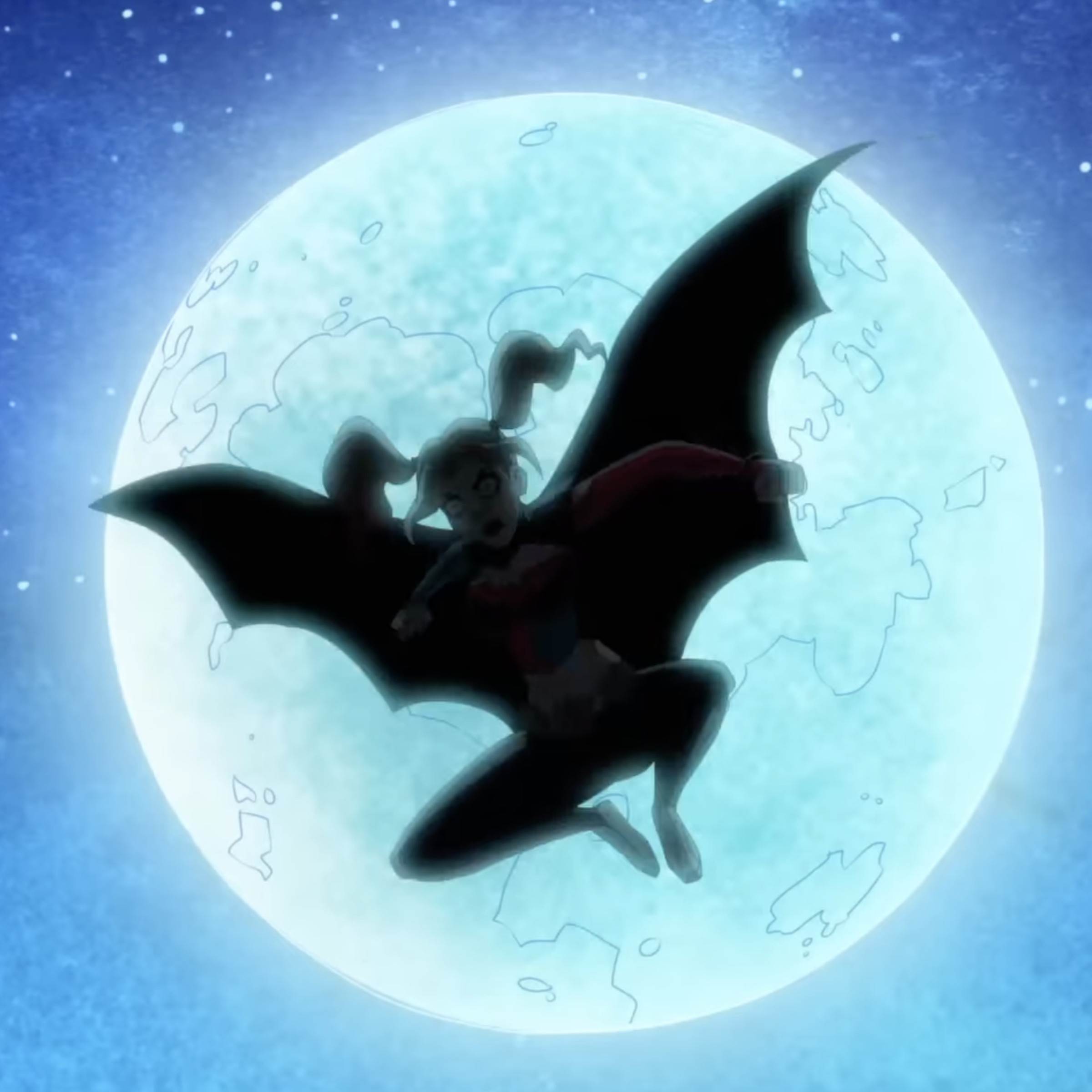 A silhouette of a woman in pigtails wearing a bat-cape and leaping across the night sky with a full moon shining behind her.