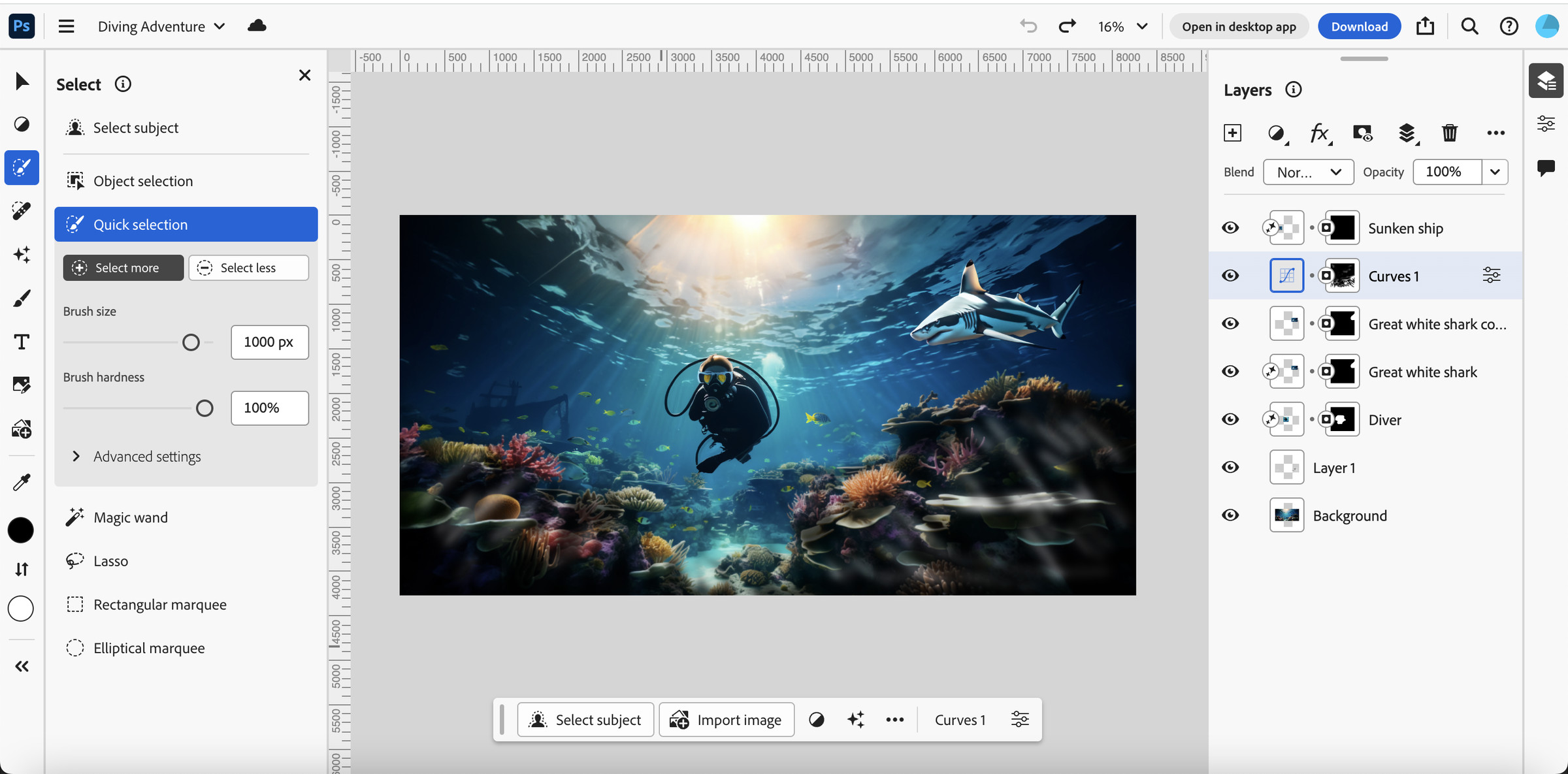 A screenshot of Adobe’s Photoshop for the web experience, featuring a picture of a scuba diver.