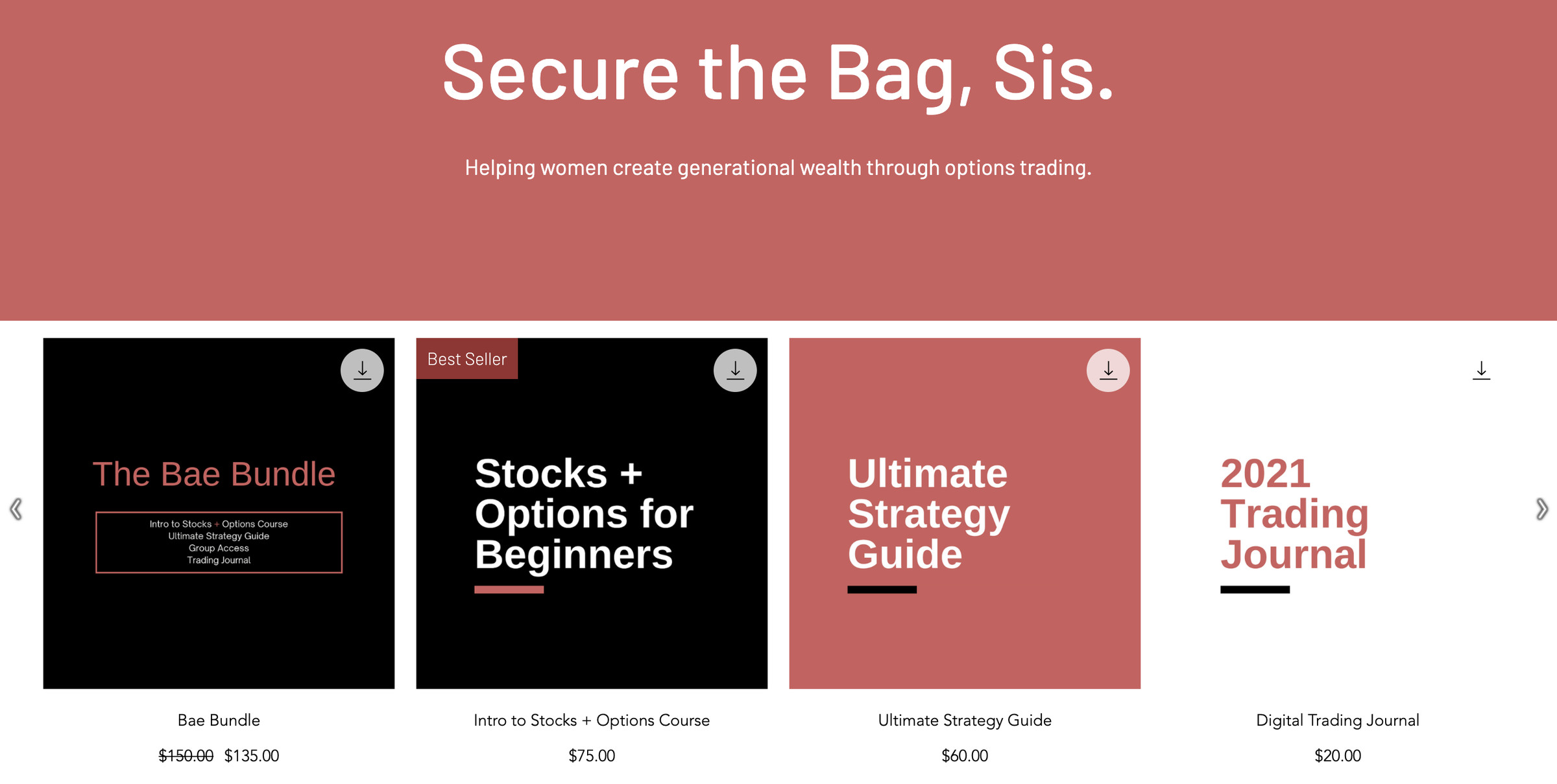 A website reading “Secure the Bag, Sis. Helping women create generational wealth through options trading.” The page shows several course options including “Bae Bundle,” “Stock and Options for Beginners,” and “Ultimate Strategy Guide,” with prices reaching up to $135.