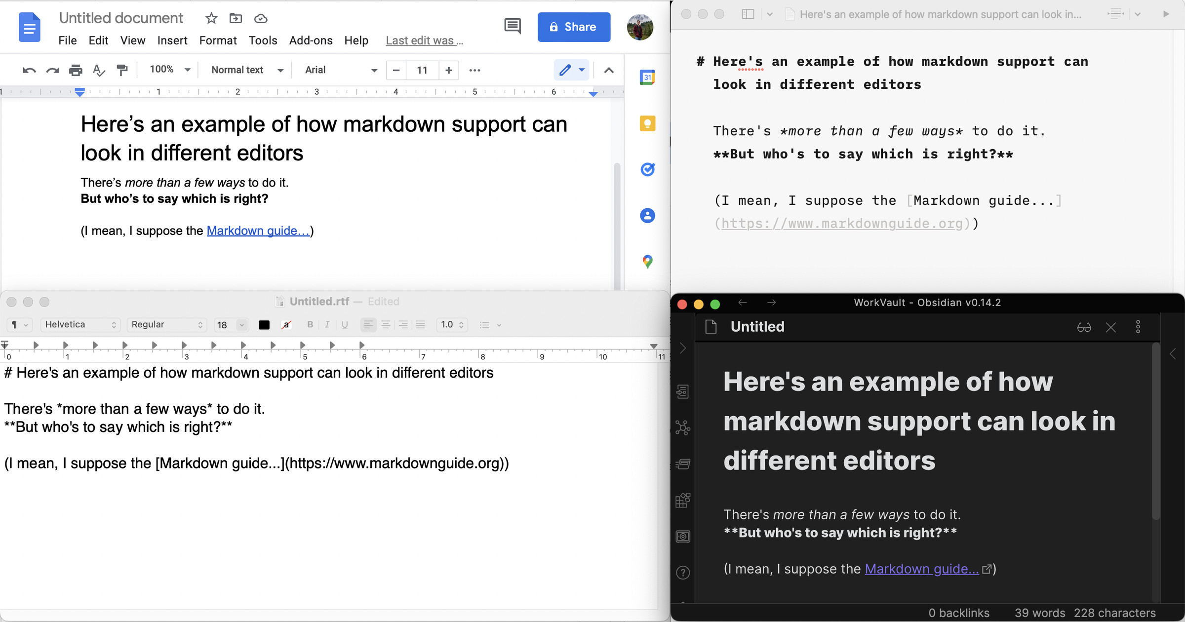 A screenshot of how Google Docs, IA Writer, TextEdit.app, and Obsidian handle displaying Markdown text.