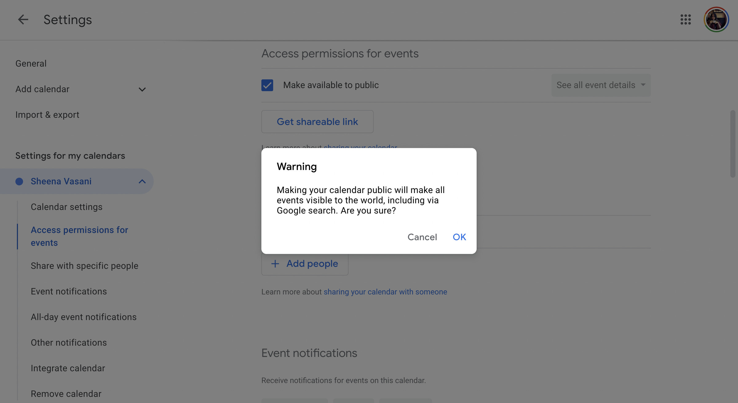 A screenshot of a pop-up asking if you’re comfortable with the public seeing your Google Calendar.