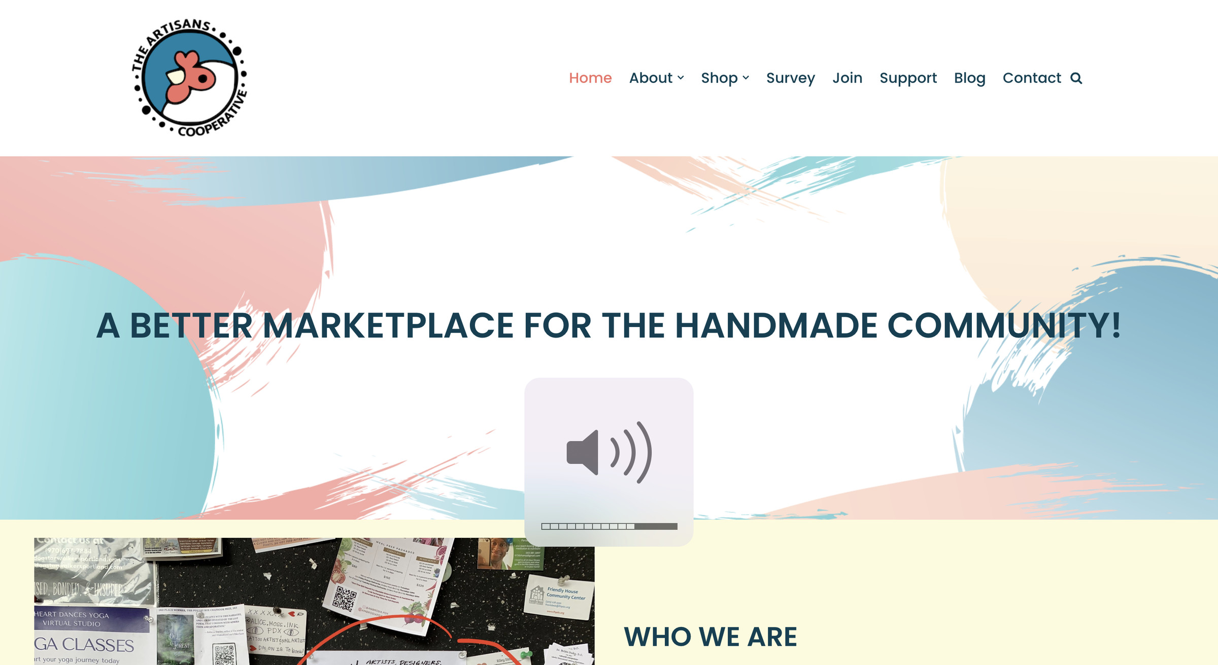 Artisans Cooperative main webpage, with a logo in top left, a menu top right, and abstract design in the center with the words “A better marketplace for the handmade community!”