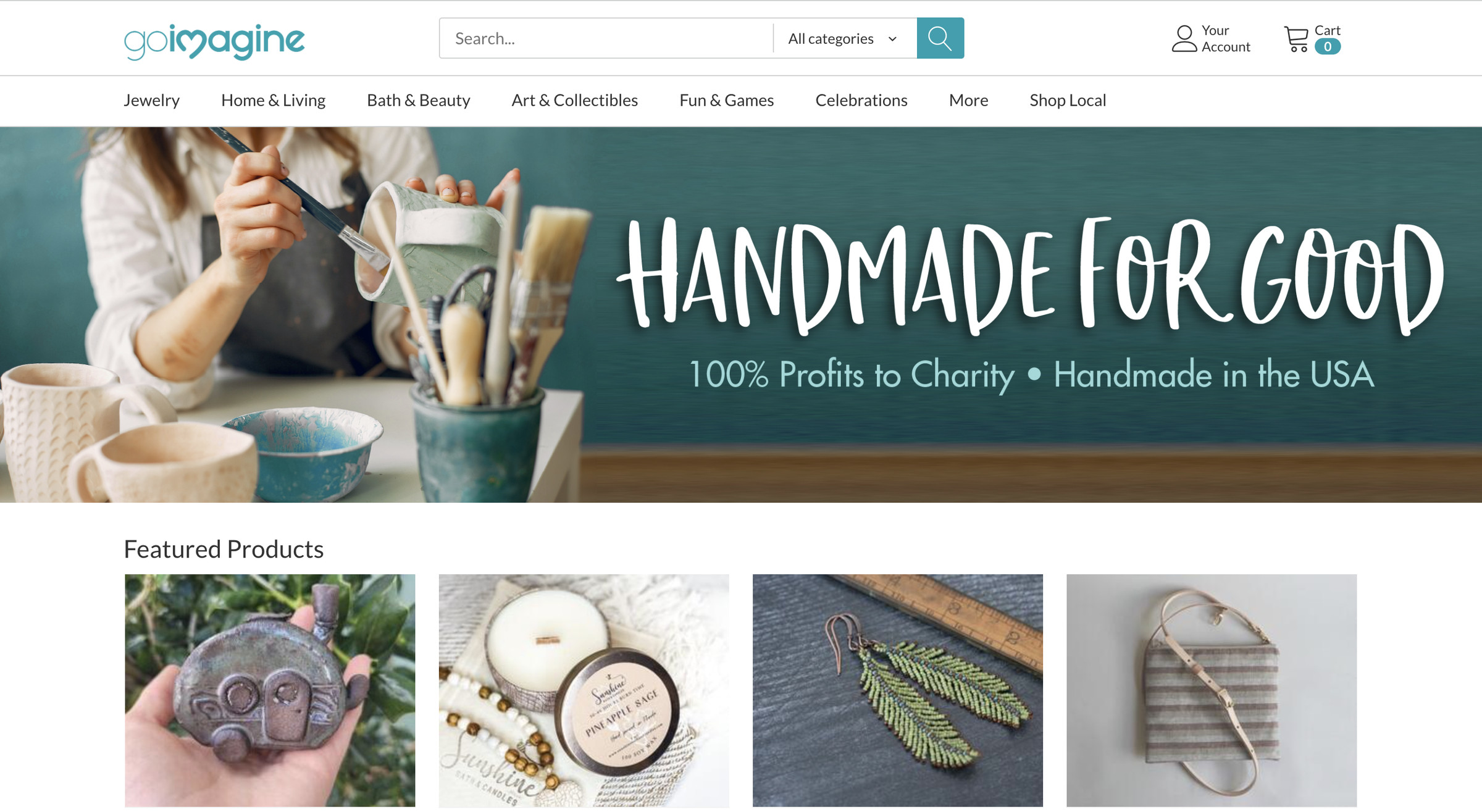The Goimagine front page with the title “Handmade for Good” showing a photo of a person painting a handmade mug, and below it four square photos of various products.