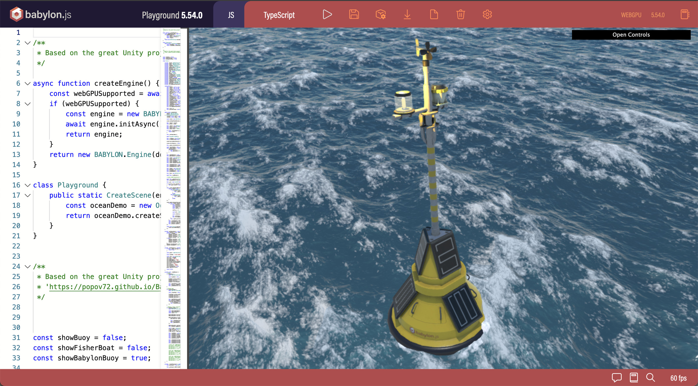 Screenshot of a WebGPU demo showing a 3D buoy floating in the ocean.