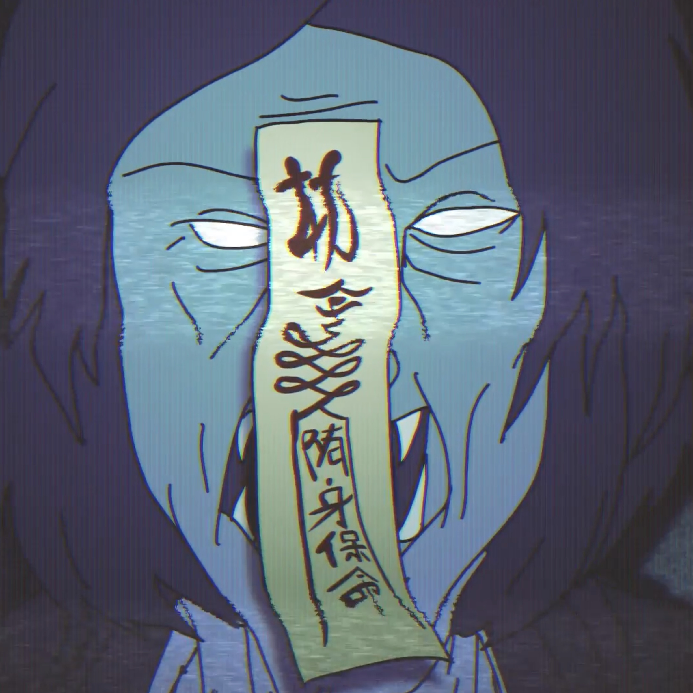 A tight shot of an undead man who has an ofuda attached to his forehead.