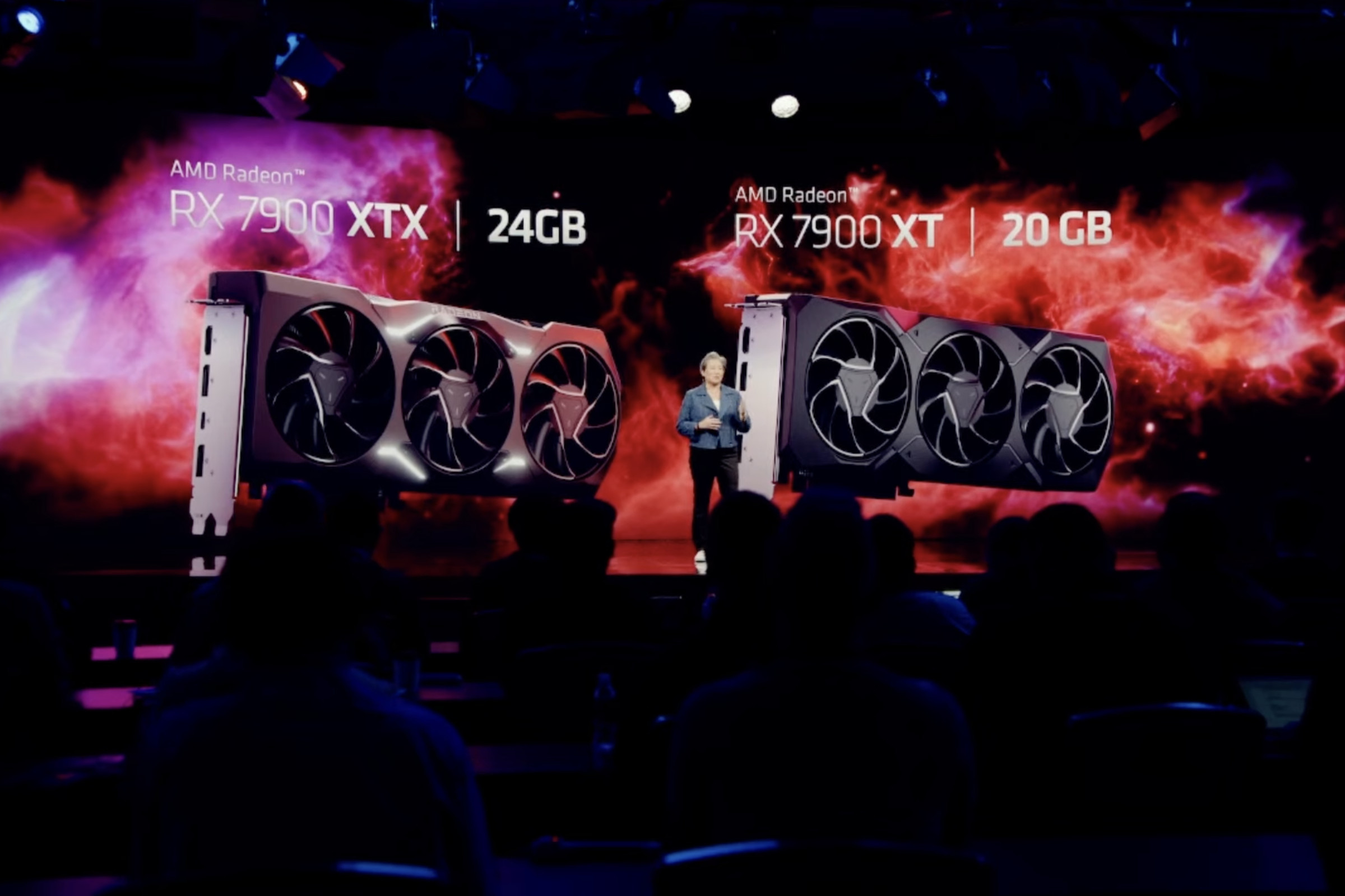 Image of AMD’s CEO standing in front of a graphic that shows off its two new GPUs.