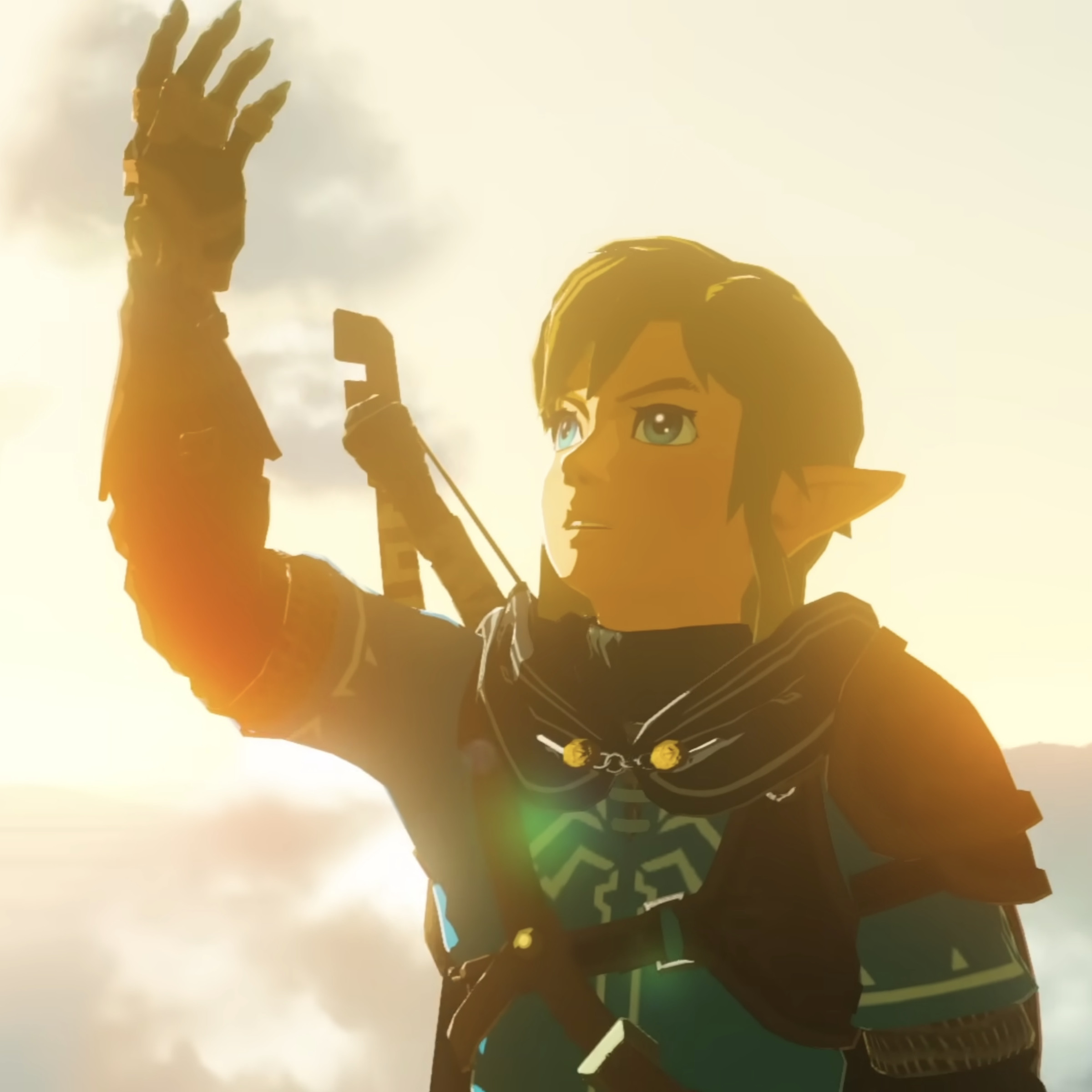 A blonde man with pointed ears wearing a tunic, hood, and a bow holding up his right arm, which appears to be strangely blackened. In the distance, floating islands in the sky are present.