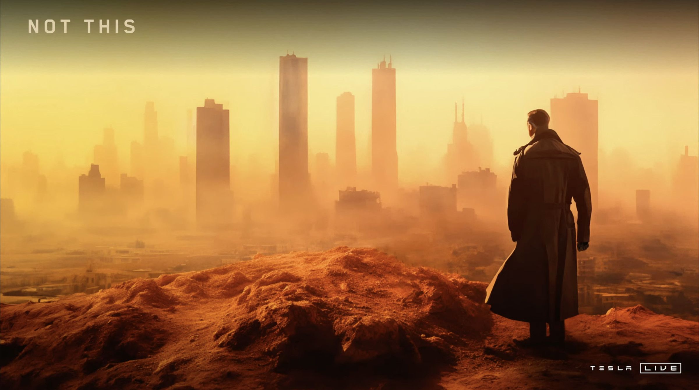 A man in a duster jacket standing in front of an apocalyptic cityscape.