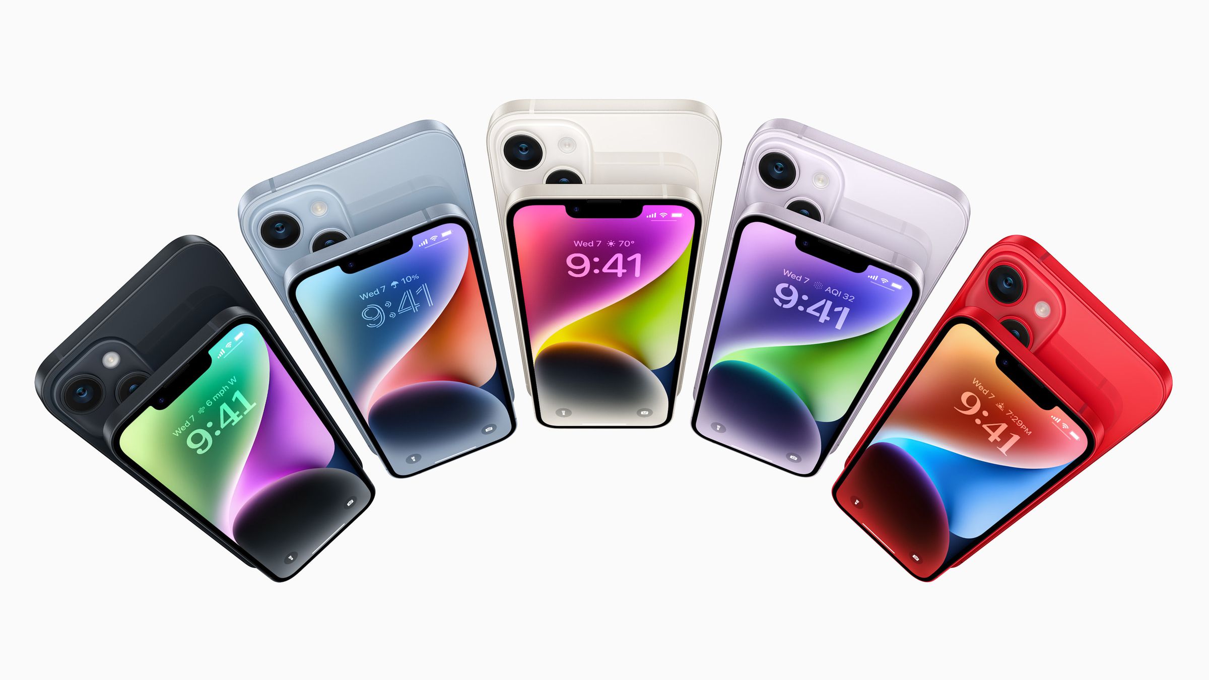 Image showing all the modes of the iPhone 14 in black, blue, starlight, purple, and red.