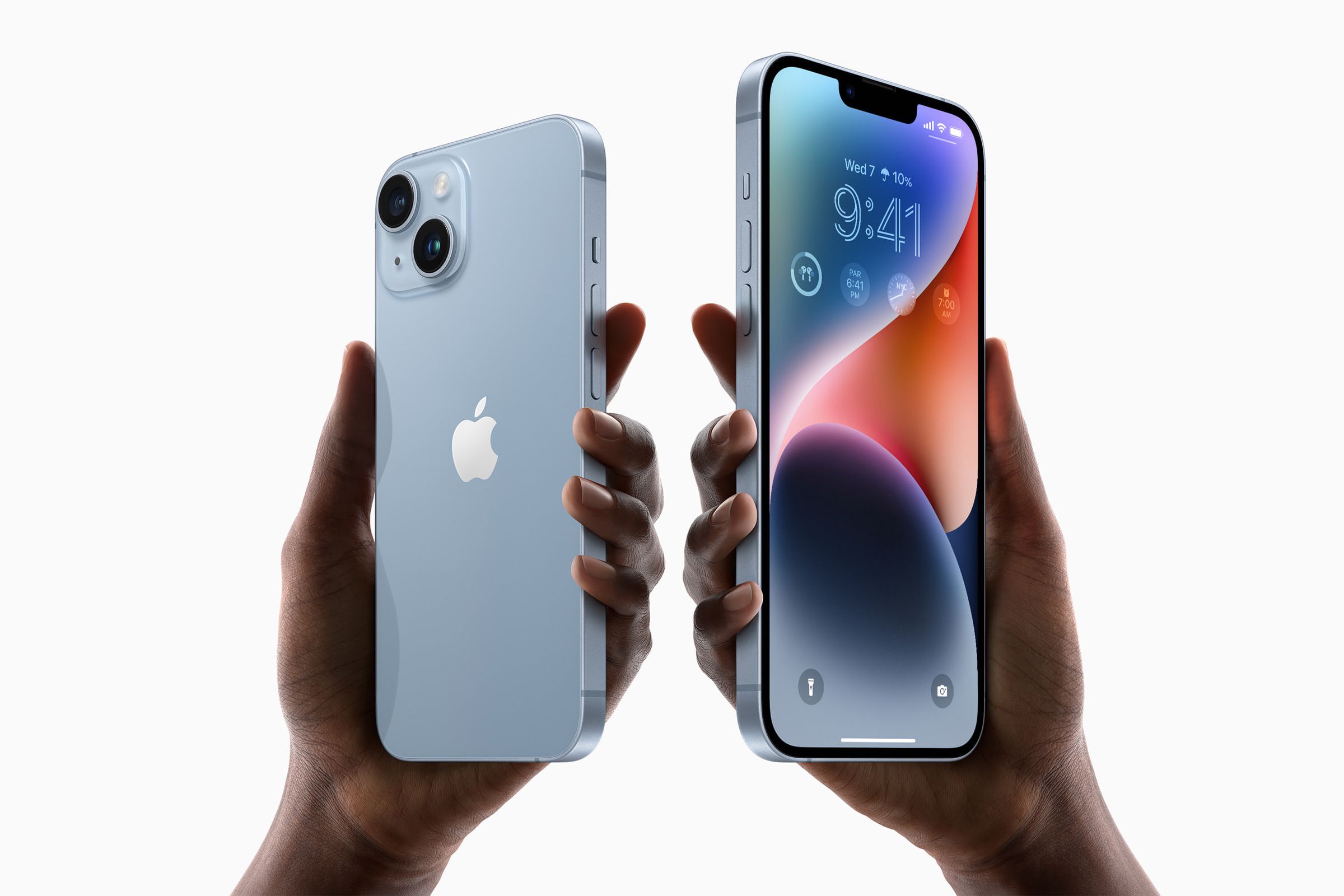 Image of the iPhone 14 and the iPhone 14 Plus, both in a light shade of blue.