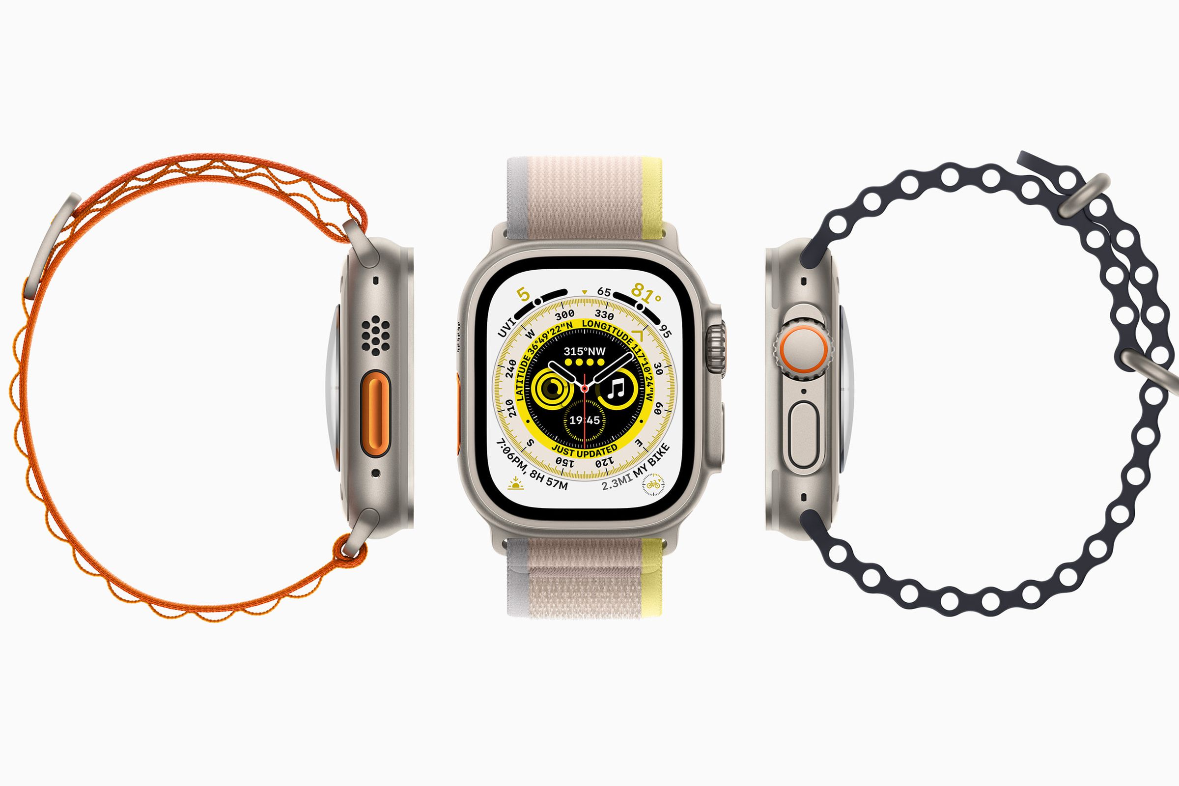 Image of three Apple Watch Ultras, one showing the left side of the watch, one showing the screen, and one showing the right side of the watch.