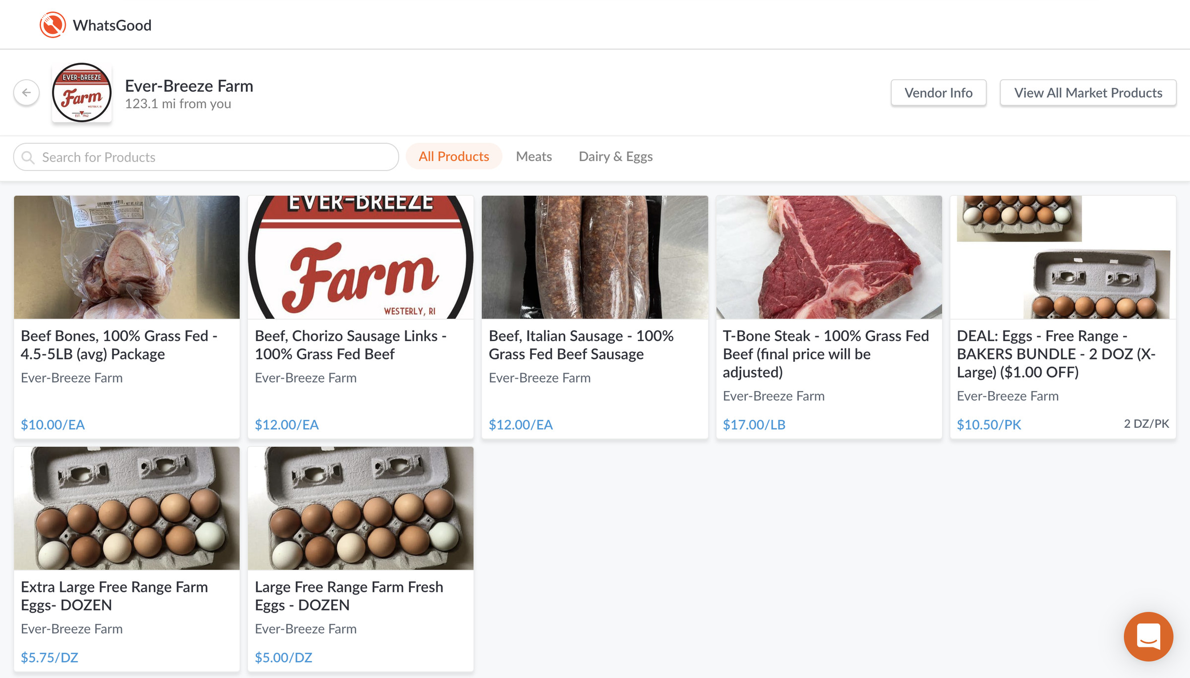 An online store with photos of meat and eggs. You can buy beef bones, chorizo sausage links, Italian sausage, T-bone steak, and different packages of eggs.