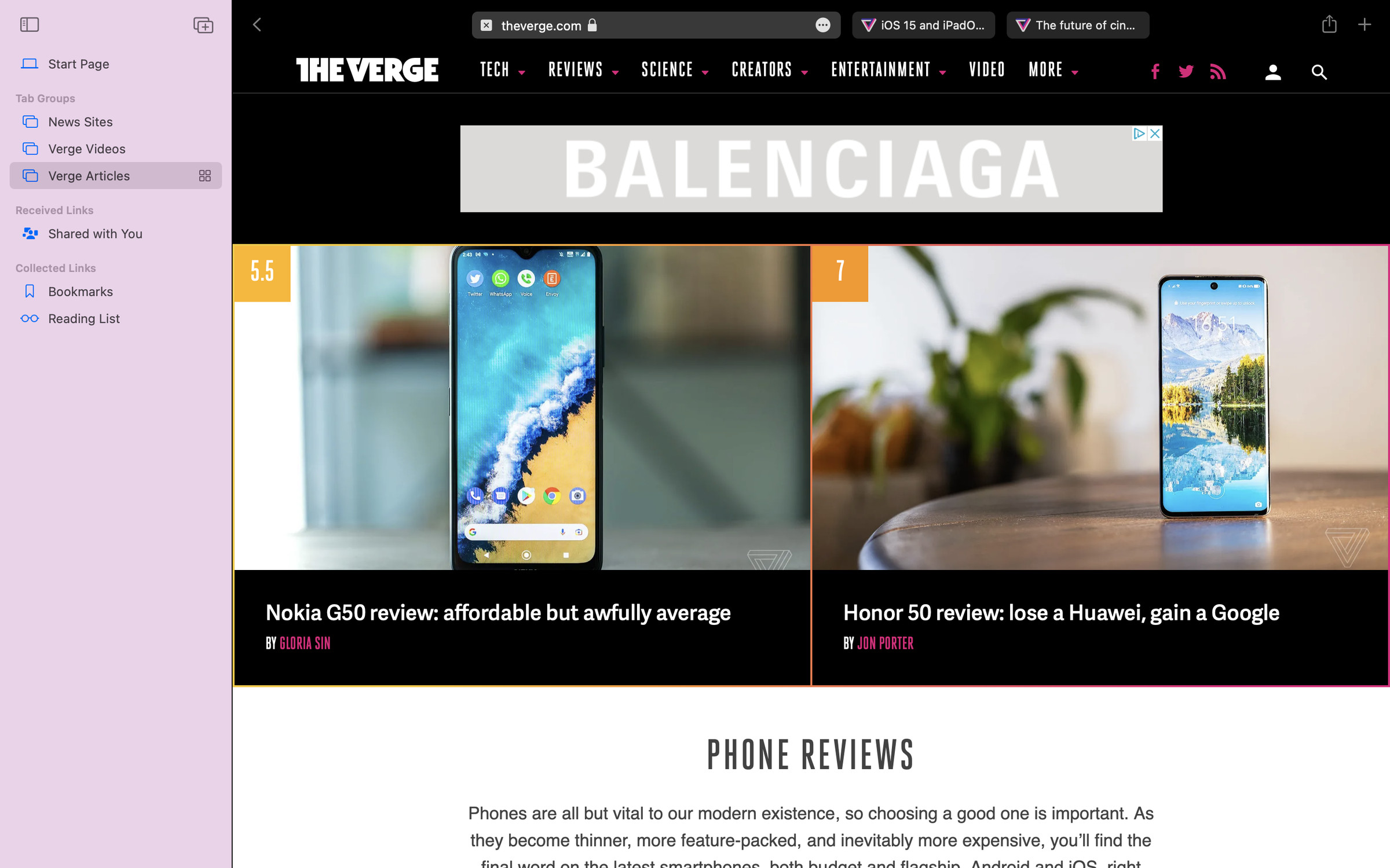 A screenshot of Safari with the sidebar open and The Verge Reviews homepage, with the combined URL and tab bar.