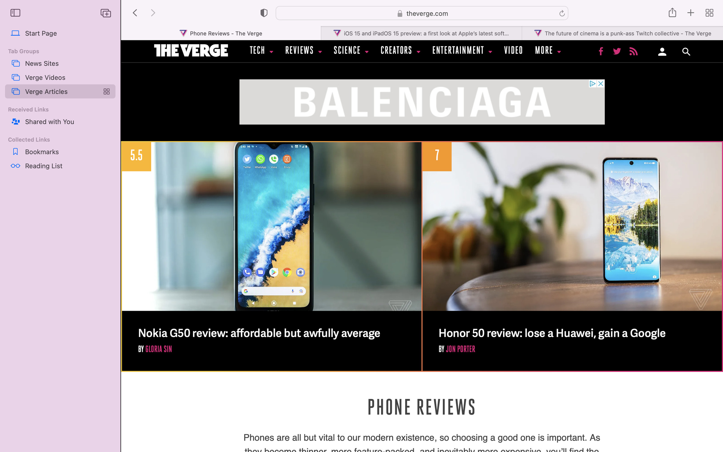 A screenshot of Safari with the sidebar open and the Verge Reviews homepage displayed with separate tab and URL bars.