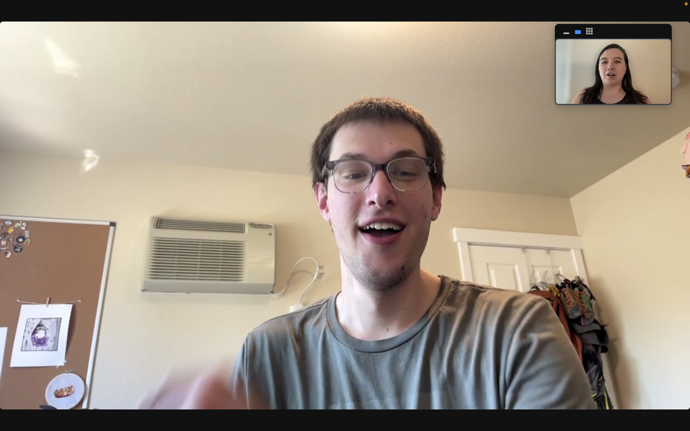 A screenshot of two users calling in Zoom using the Continuity Camera feature of macOS Ventura.
