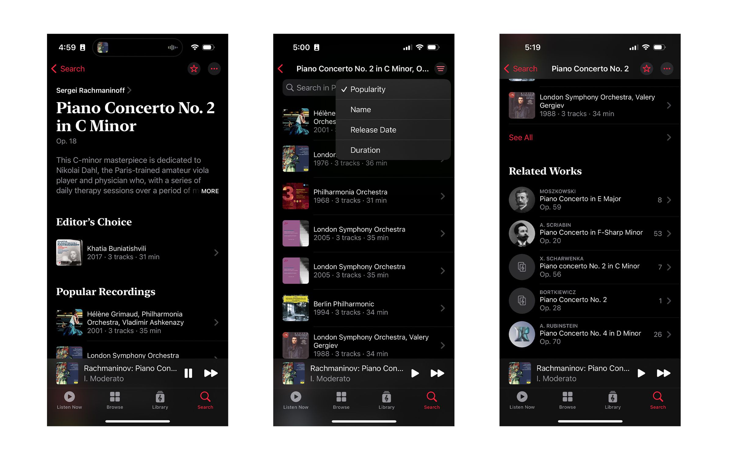 Three screenshots of the Apple Music Classical UI.