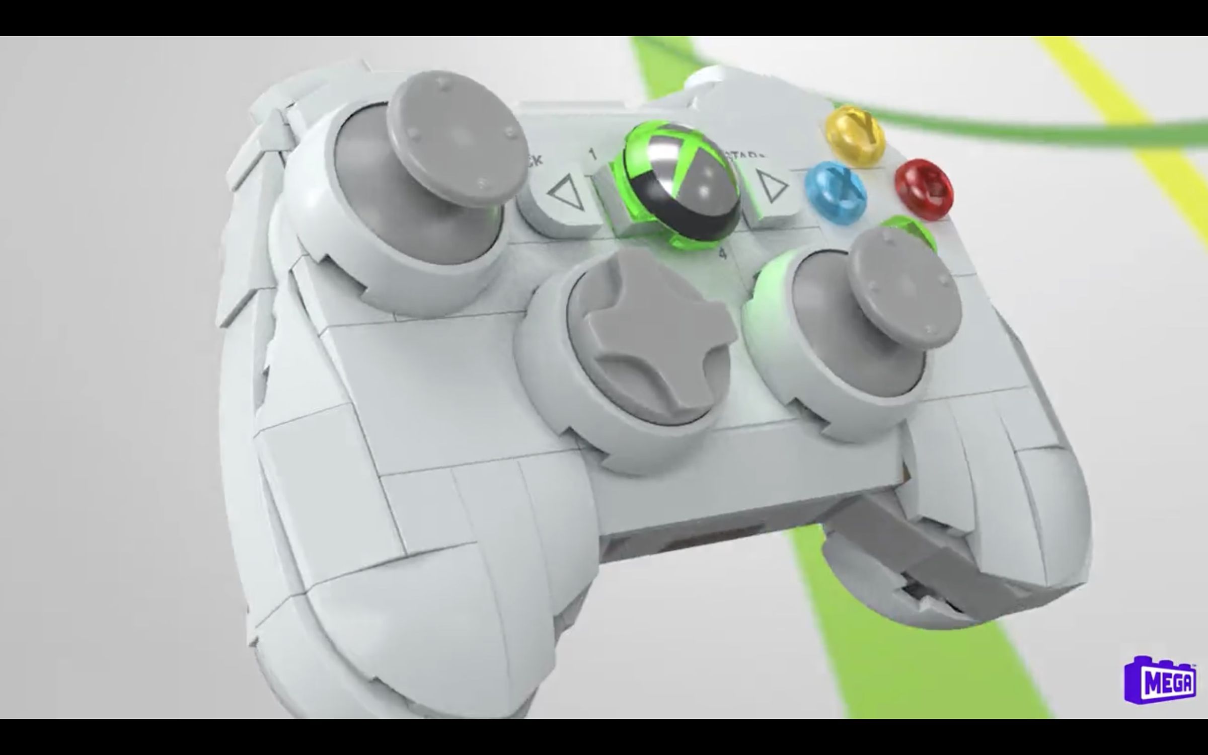 Image of an Xbox 360 replica controller made of Mega building blocks.