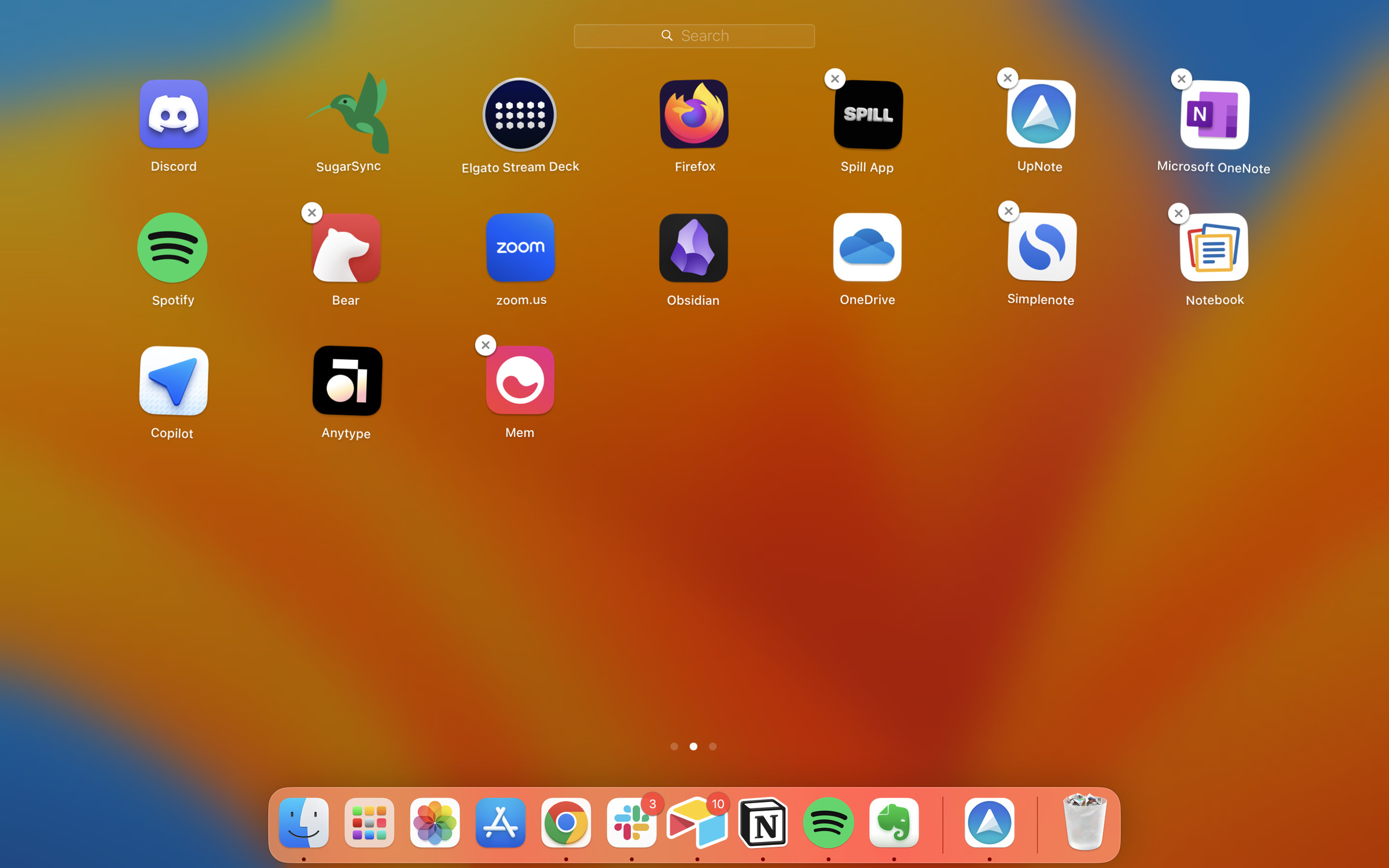 Launchpad with several app icons showing, a few of which have an X in the upper left corner.