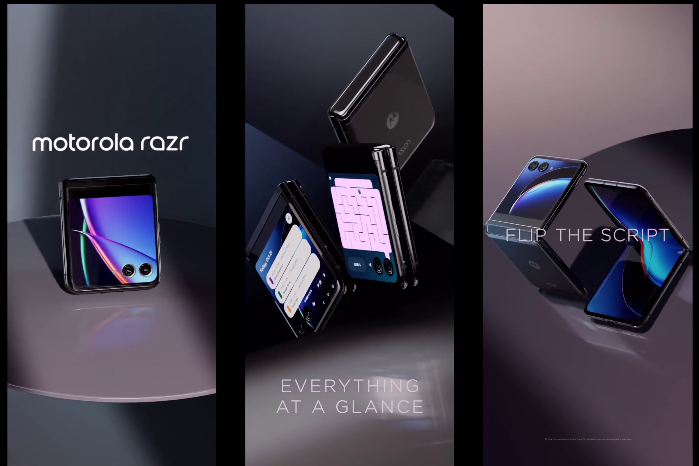 “Everything at a glance” and “Flip the script” text atop images of a folding phone, both folded and unfolded, showing off a pair of rear cameras, with light and shadow playing over the phone’s colorful screen as it floats in various positions above what seems like a table.