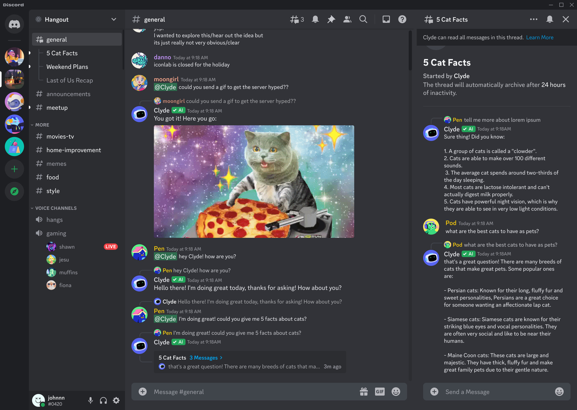 The AI-powered Clyde chatbot responding in Discord.
