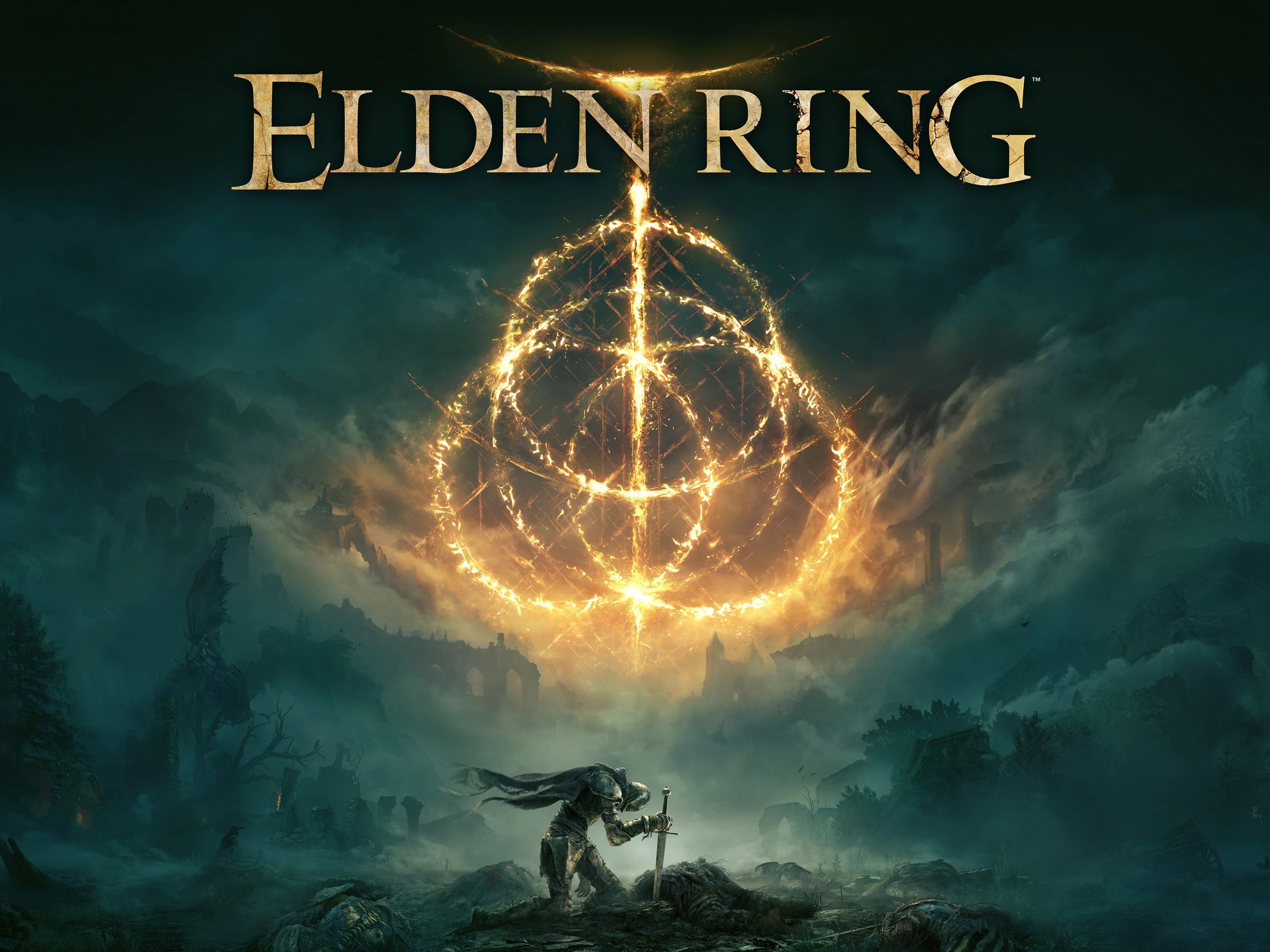 The Elden Ring banner art, depicting a knight below some glowing rings of fire.