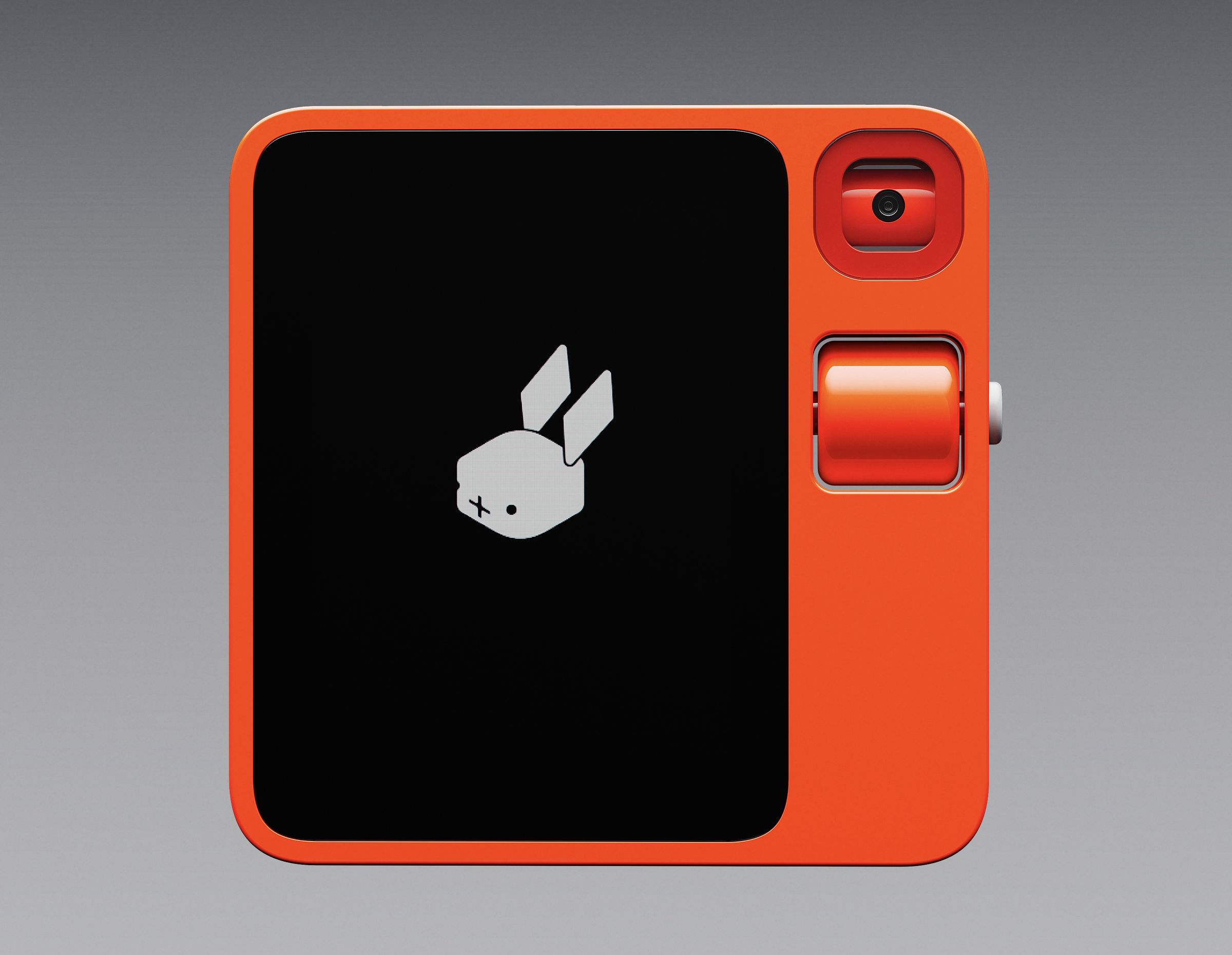 A photo of the red Rabbit R1 on a gray background.