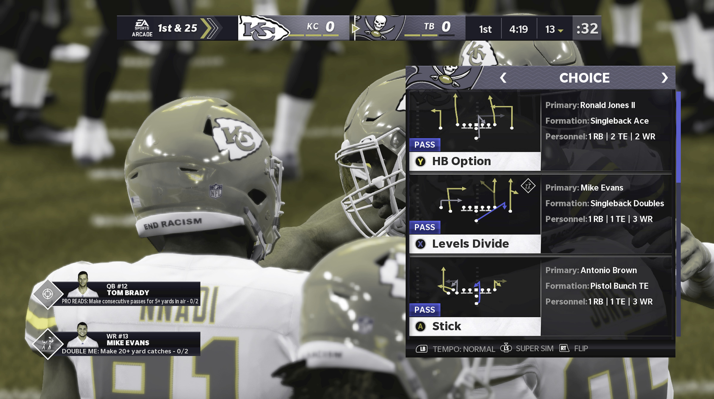 Screenshot from Madden 21, showing different options of plays, with color contrast adjusted for color blindness.