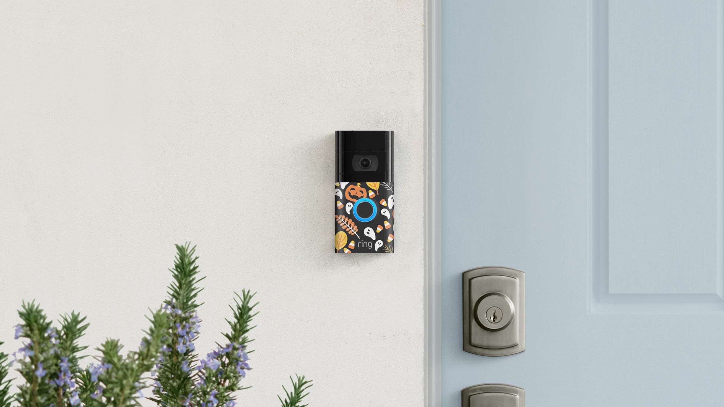 Ring doorbells can play spooky sounds and greet visitors with pithy Halloween-themed Quick Replies. Ring also sells holiday-themed faceplates to scare up your front door.