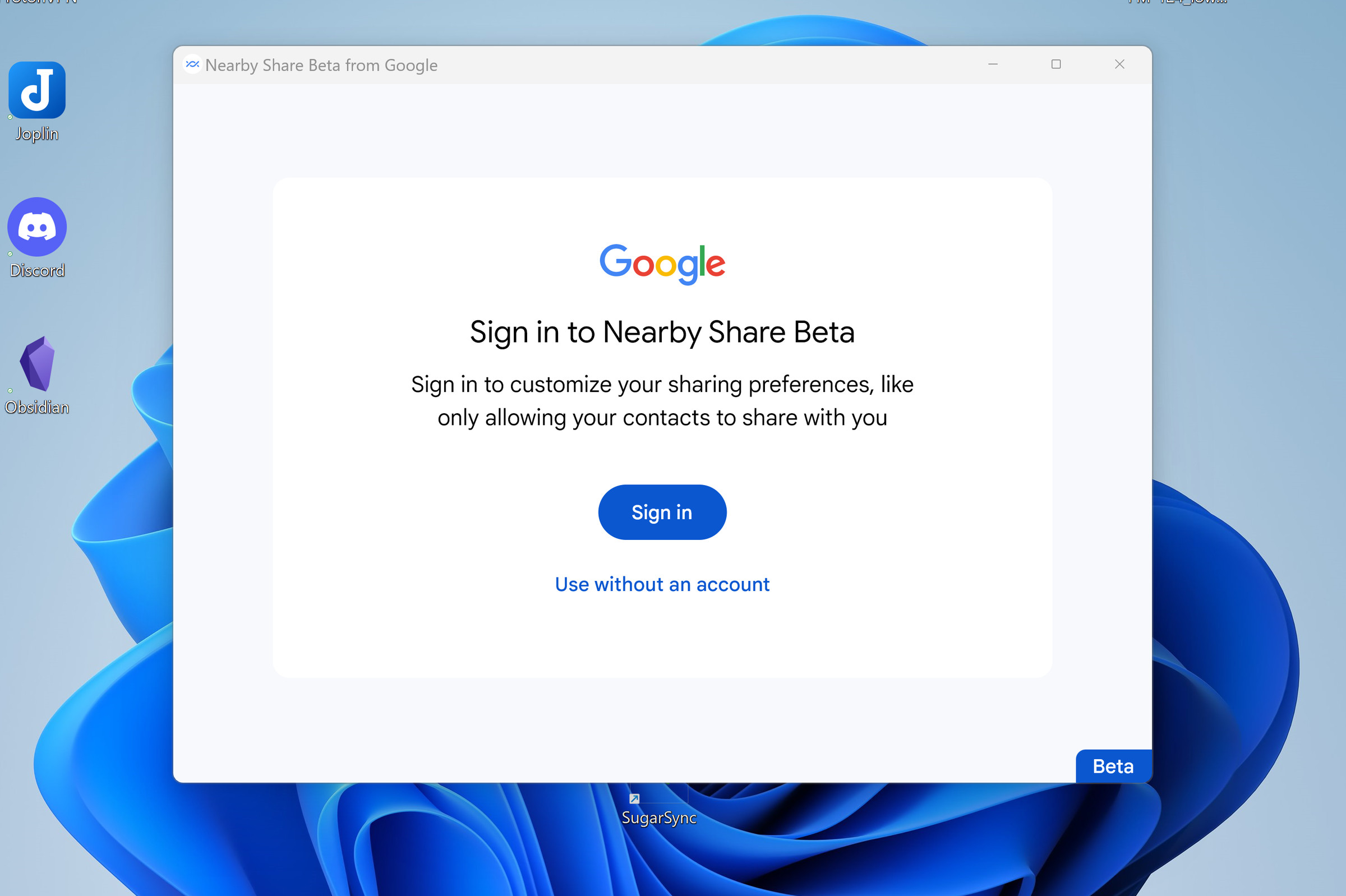 Page on Windows headed Google, then saying Sign in to Nearby Share Beta, with a Sign in button.