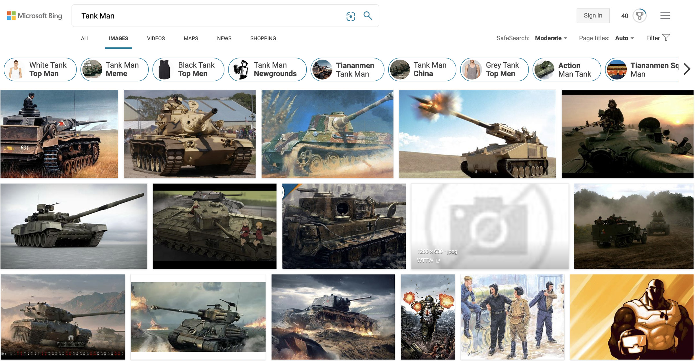 Search results for “Tank Man” after Microsoft addressed the issue.
