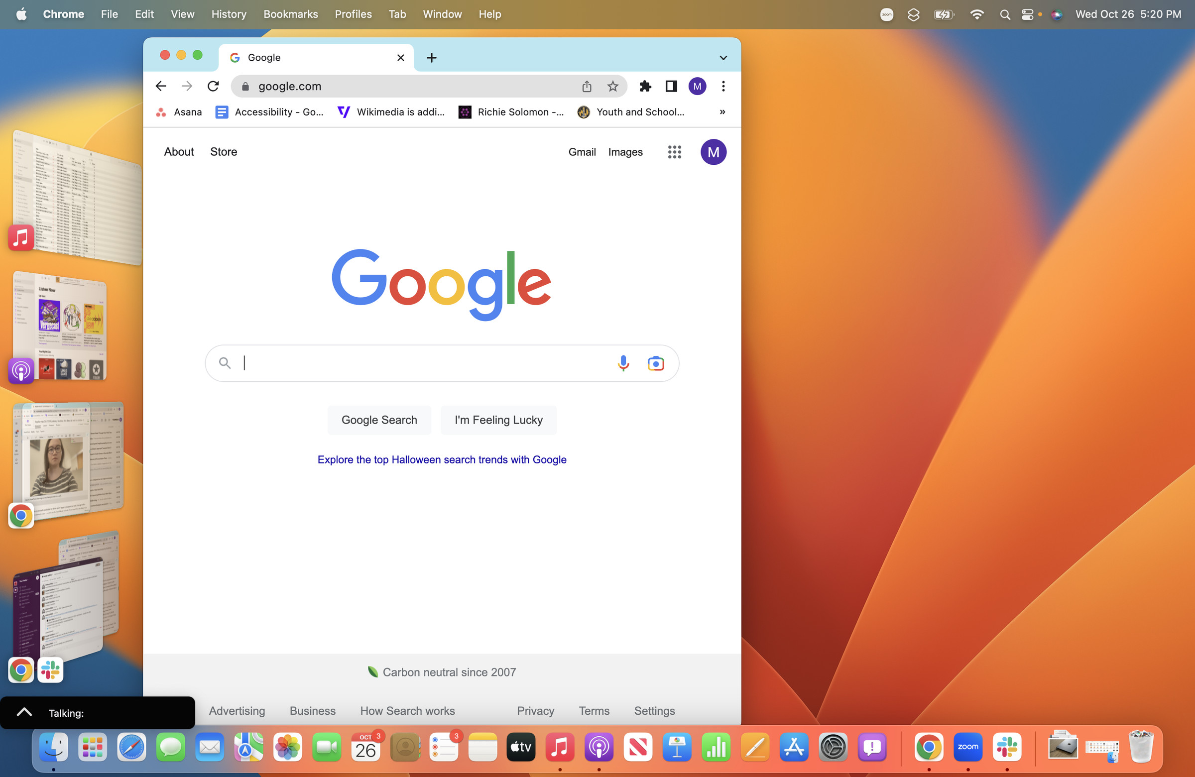 A screenshot of macOS Ventura with Stage Manager on. A Chrome tab with Google open hovers near the left side next to four piles of Apple Music, Podcasts, Chrome, and Chrome / Slack in descending order.