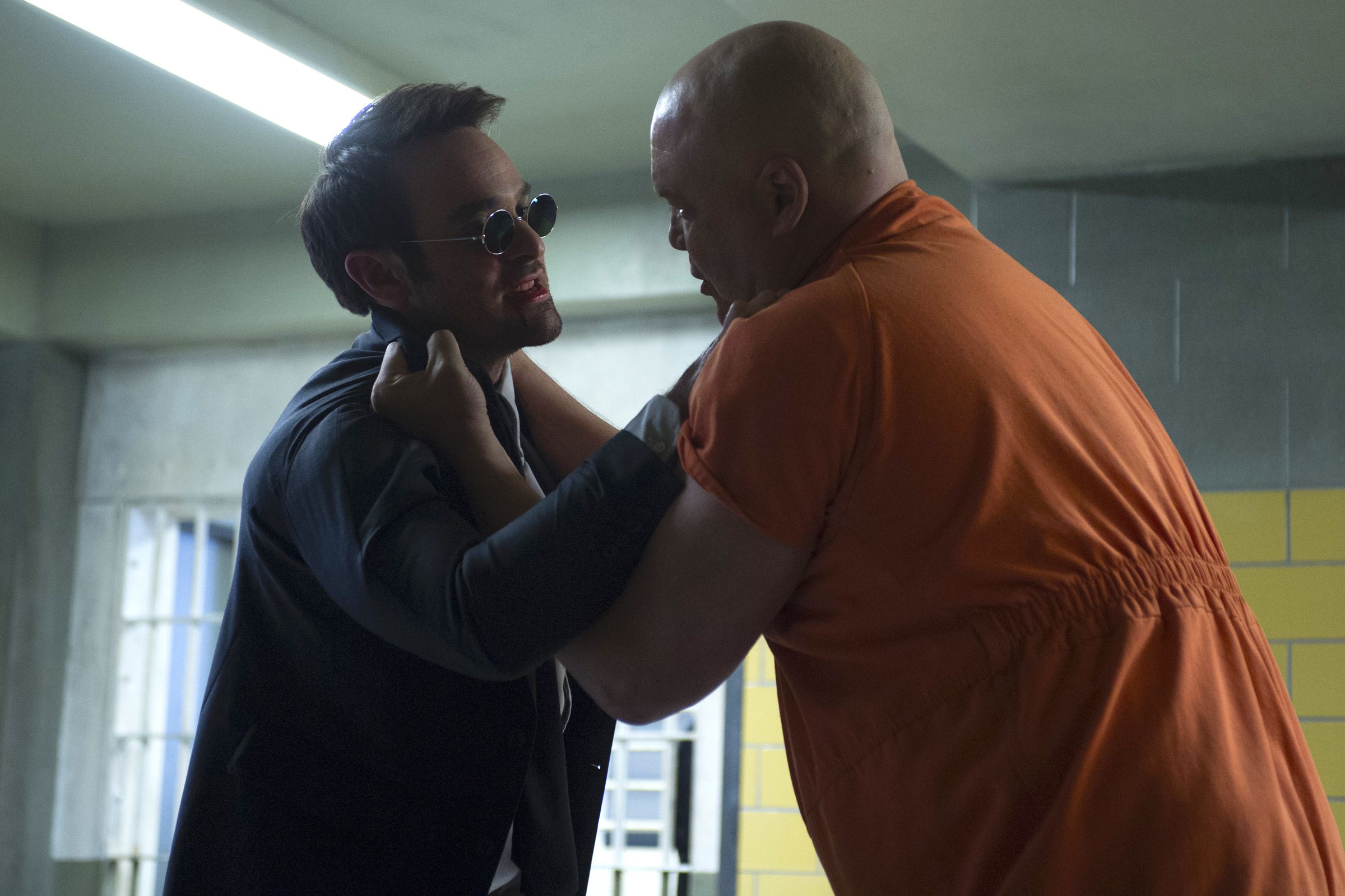 Charlie Cox as Matt Murdock and Vincent D’Onofrio as Wilson Fisk in Marvel’s Daredevil.