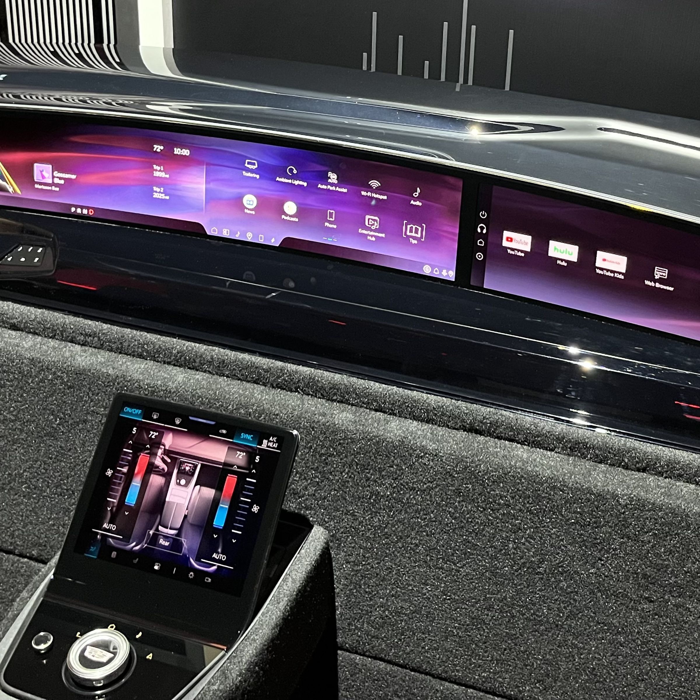 Kiosk showing just the panoramic display dashboard that goes inside the Escalade IQ along with a driver control screen panel under it