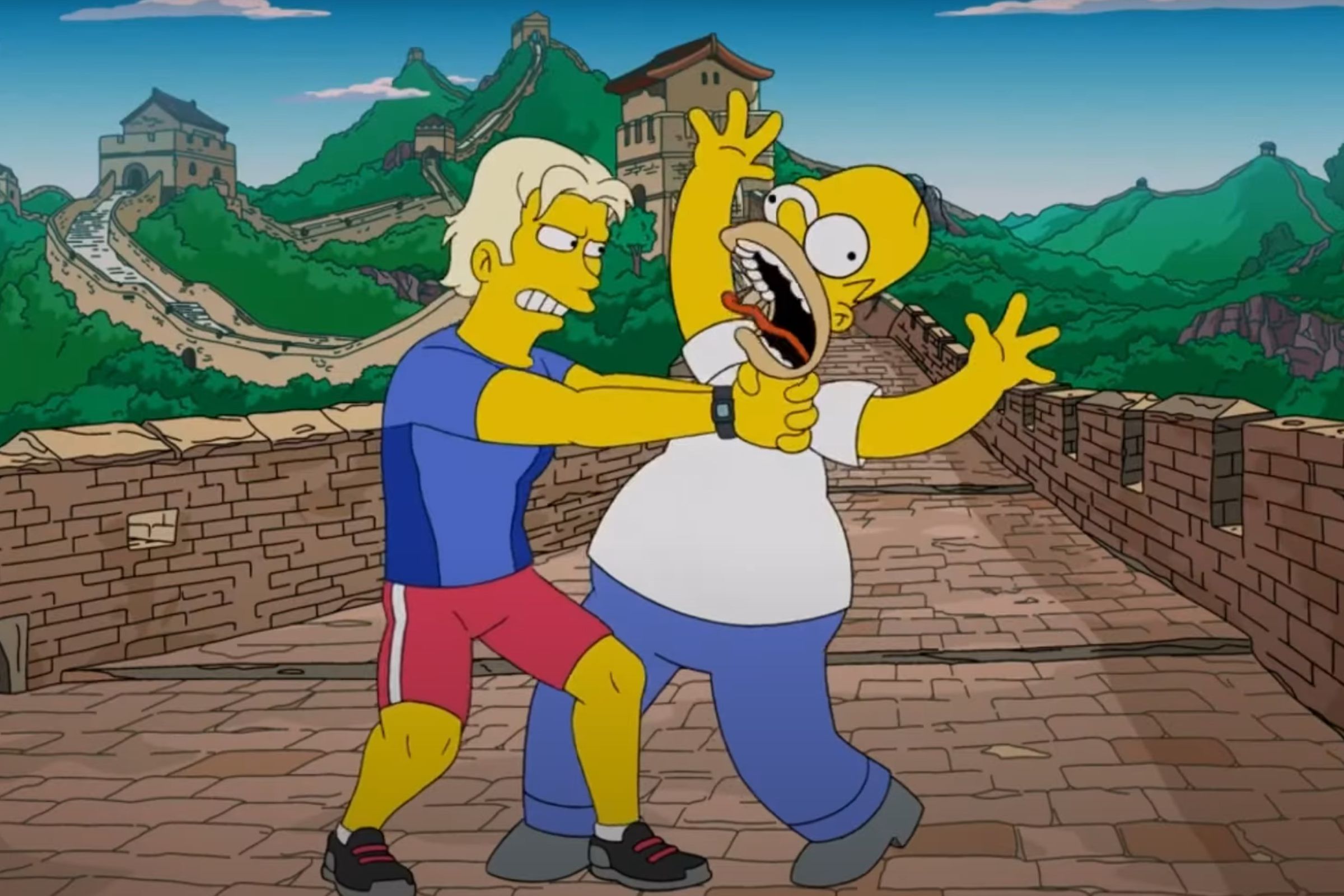 Homer Simpson being strangled by a Peloton trainer on the Great Wall of China in The Simpsons episode “One Angry Lisa”