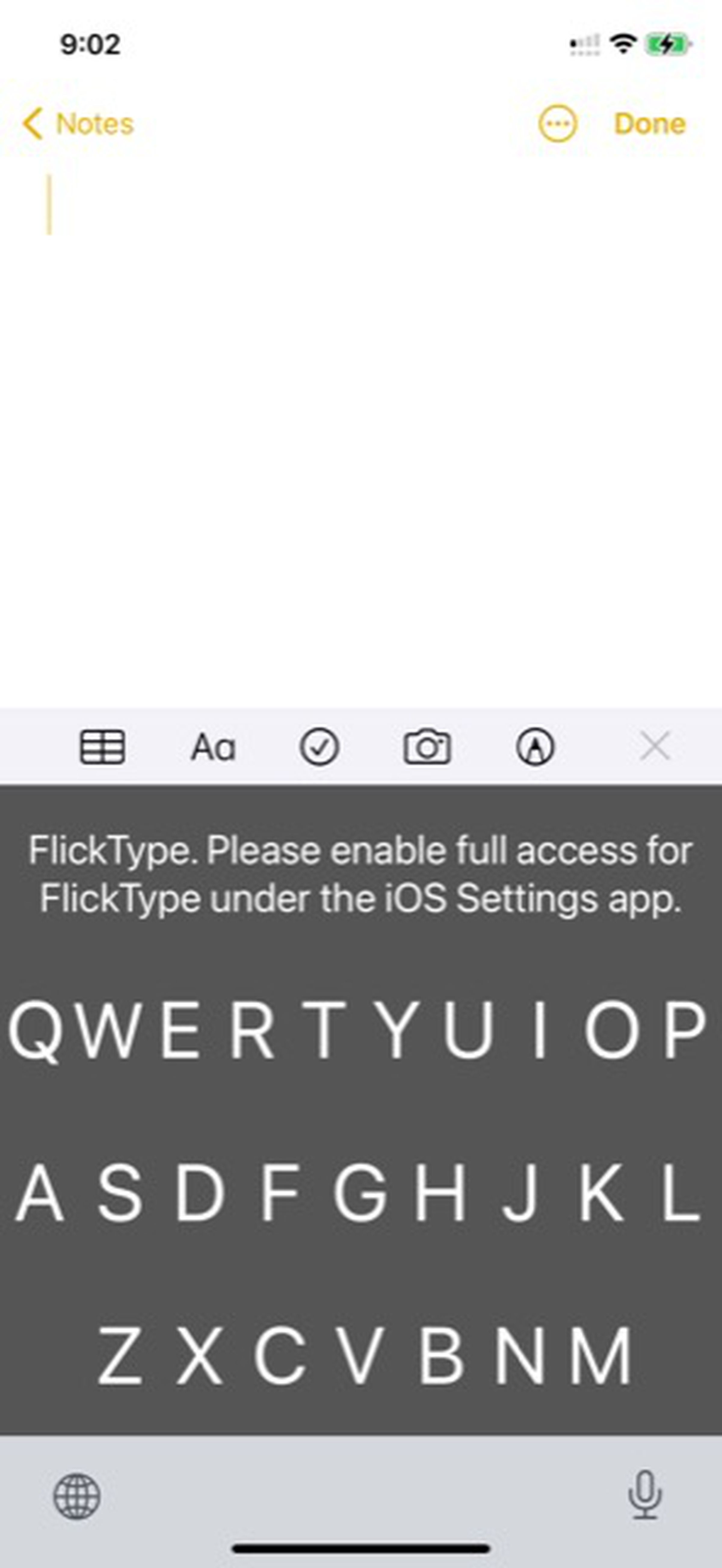 The screenshot says “please enable full access for FlickType under the iOS Settings app.”