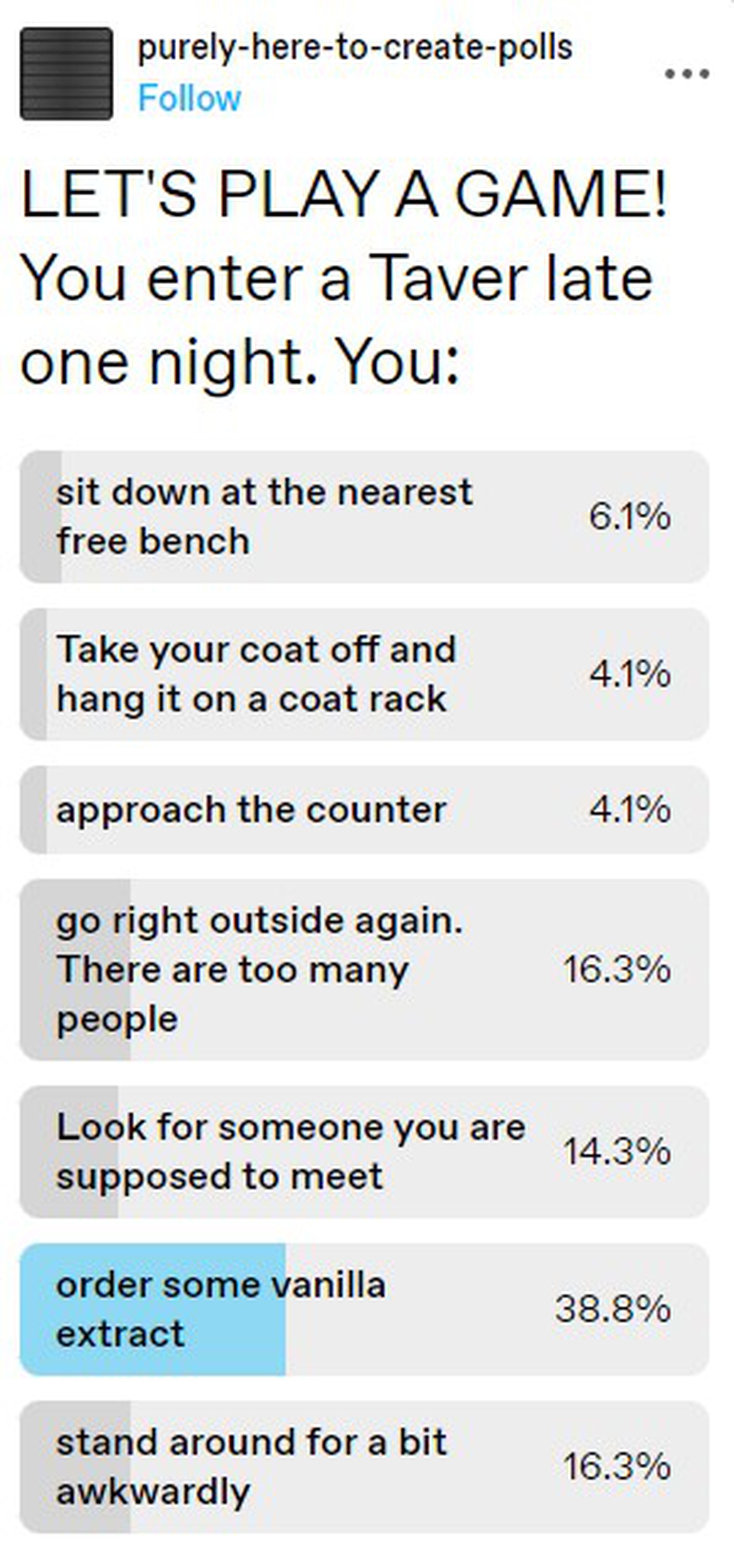 A Tumblr poll displaying various options for a text-based adventure roleplay where a user enters a tavern. The winning results says “order some vanilla extract.”