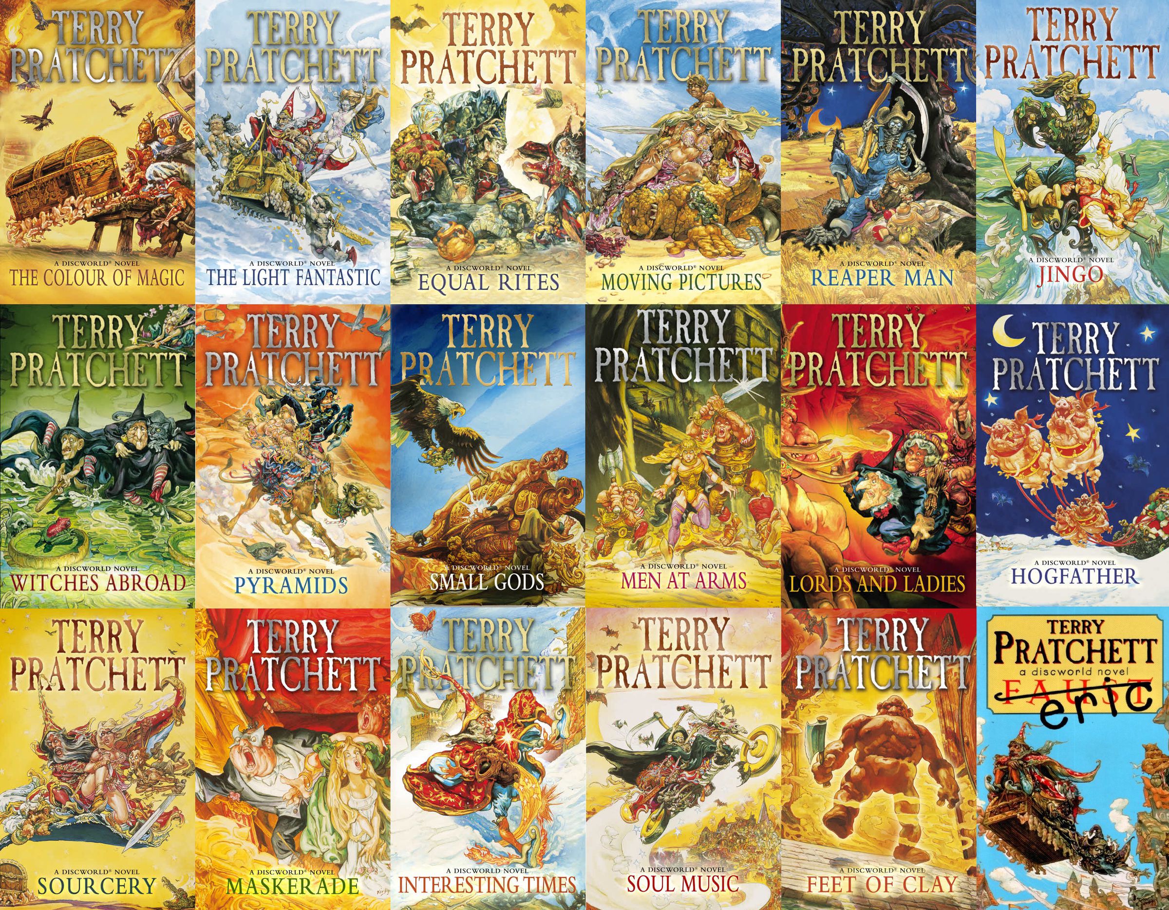 A collage of Discworld book covers.