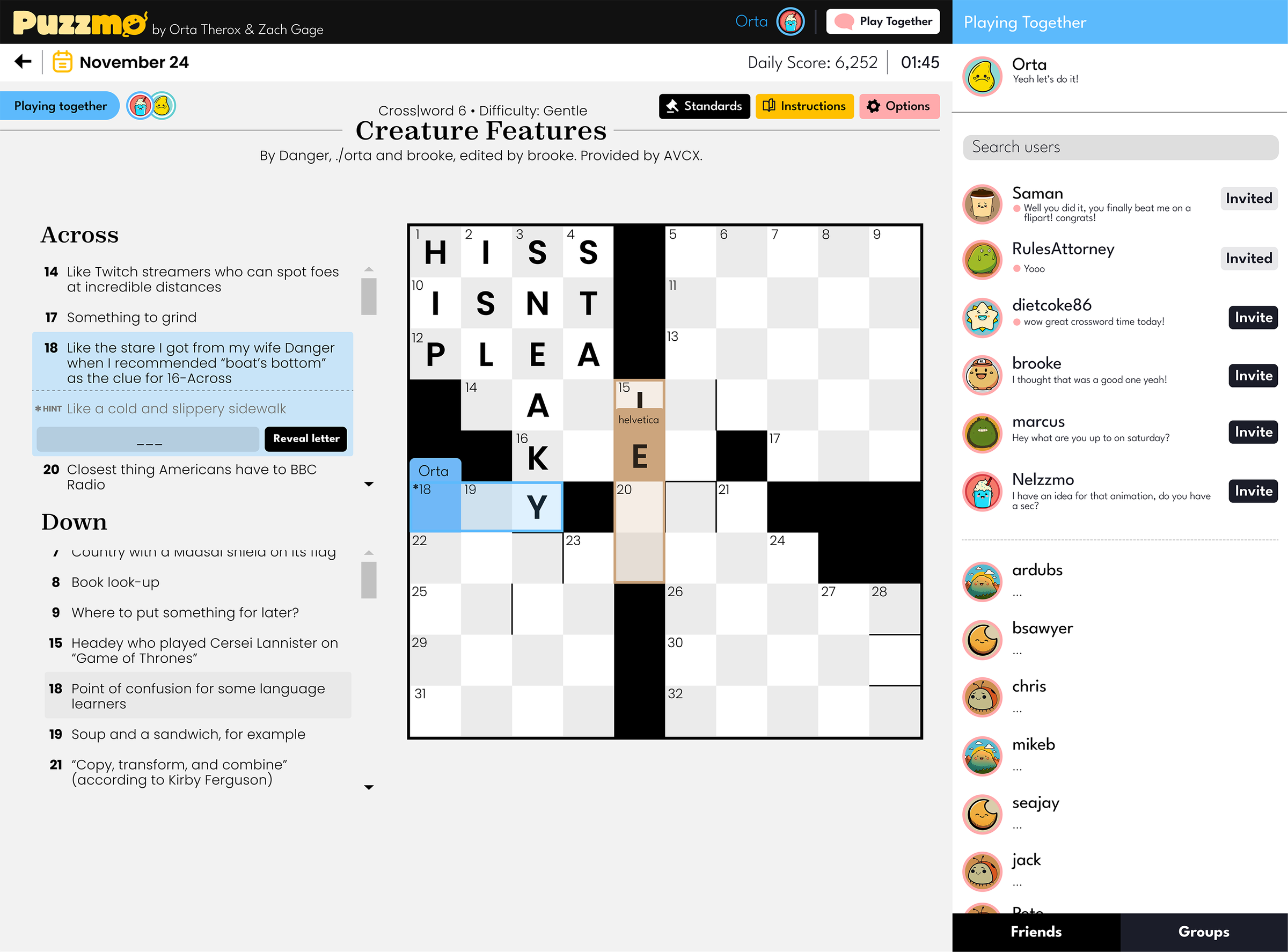 A screenshot of the Puzzmo crossword puzzle, played in multiplayer mode.