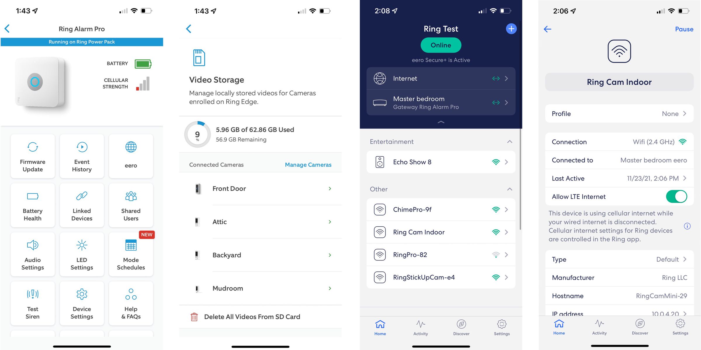 You manage the Ring Alarm Pro’s extra features such as video storage, cellular data, and backup power in the Ring app (left two images). The Eero Wi-Fi network is controlled in the Eero app (right two images), where you can select which devices on your network should use Ring’s LTE backup internet.