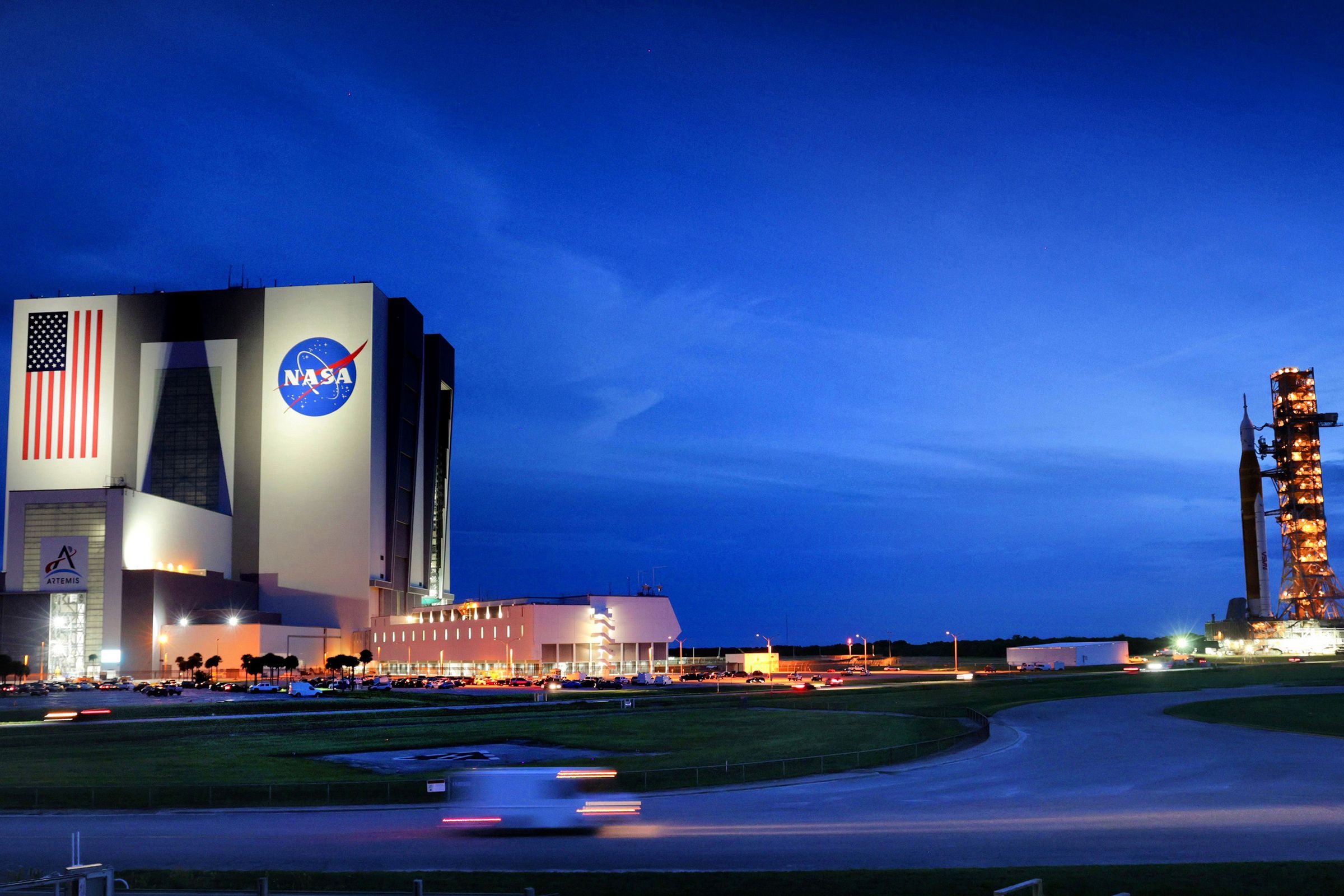 Wide view of Kennedy Space Center in the evening