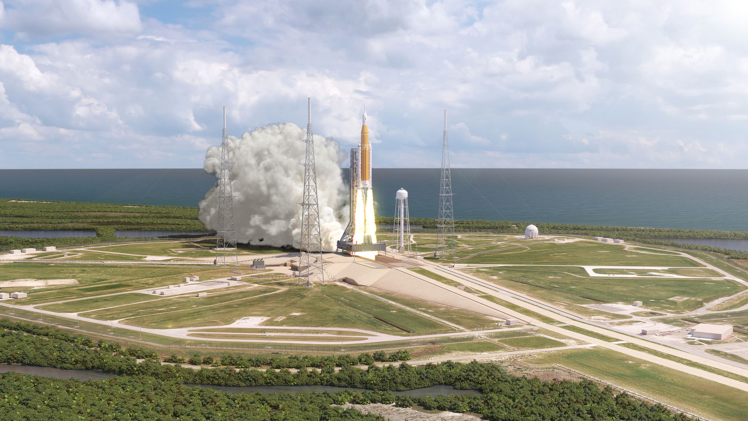 An artistic rendering of the SLS launching from the Kennedy Space Center in Florida.