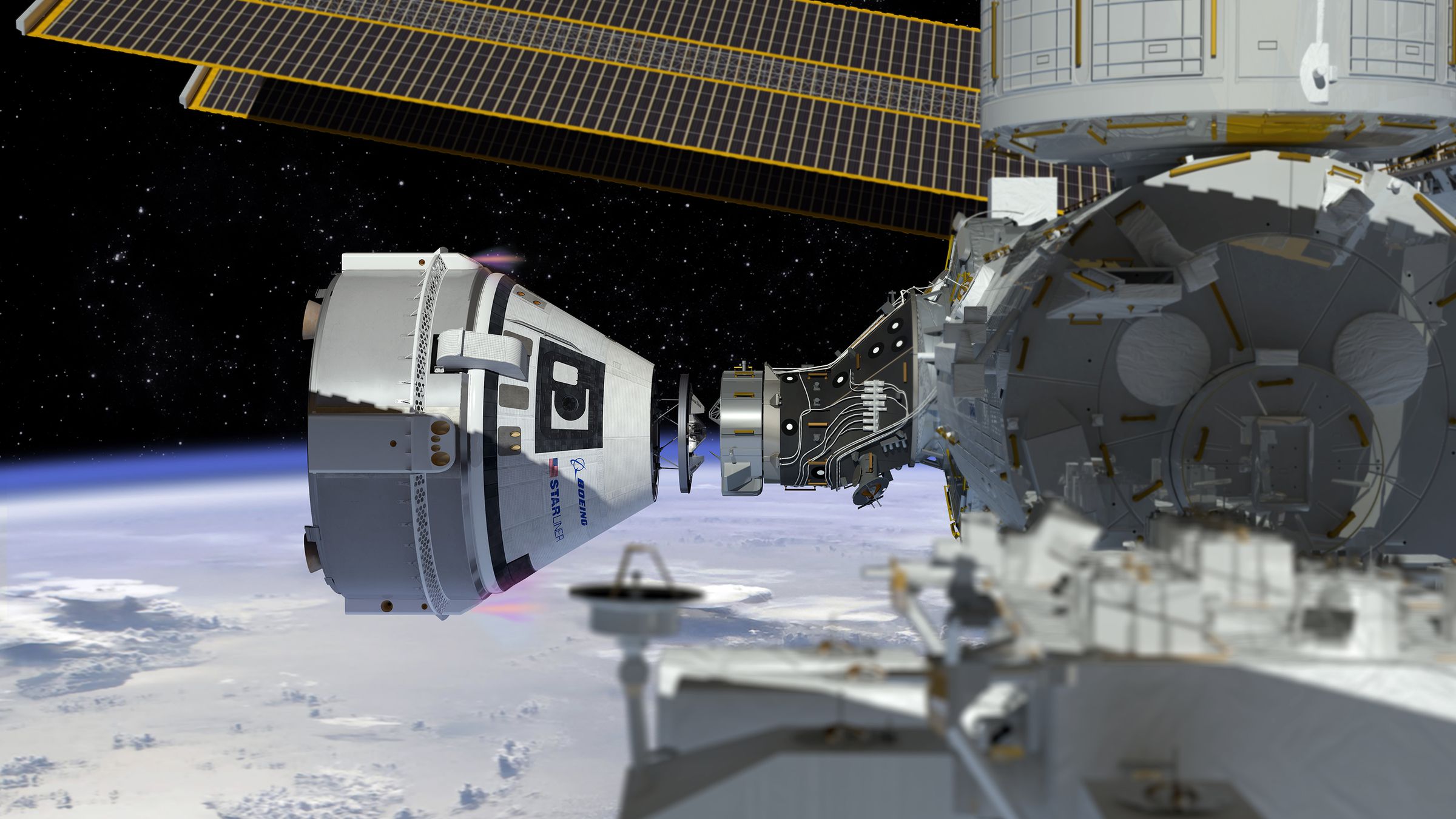 An artistic rendering of what Starliner’s docking at the ISS will look like.